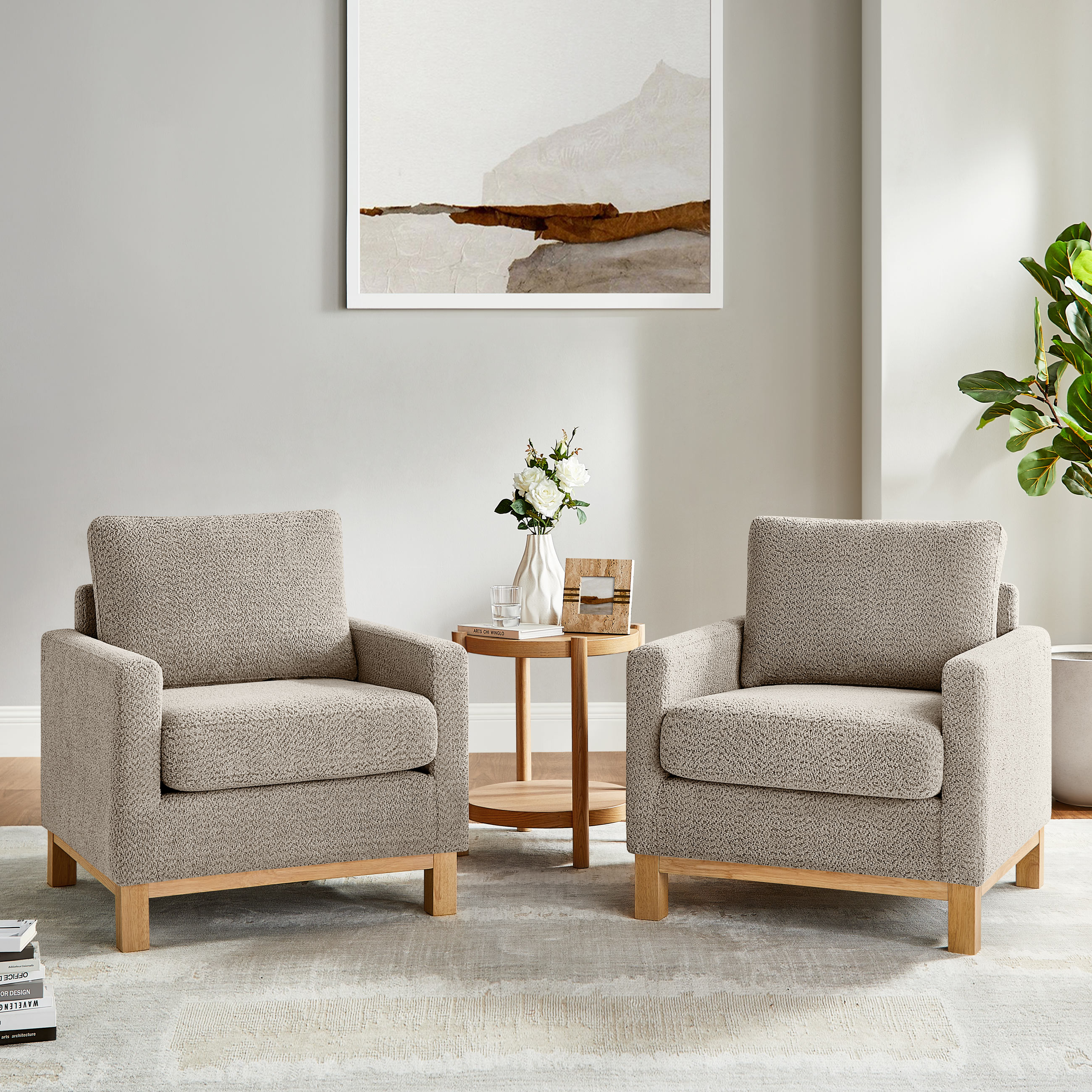 29''W Large Modern Boucle Accent Chair with Wooden Legs Camel Set of 2