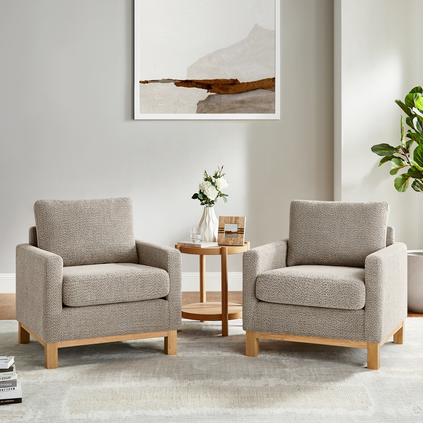 29''W Large Modern Boucle Accent Chair with Wooden Legs Camel Set of 2