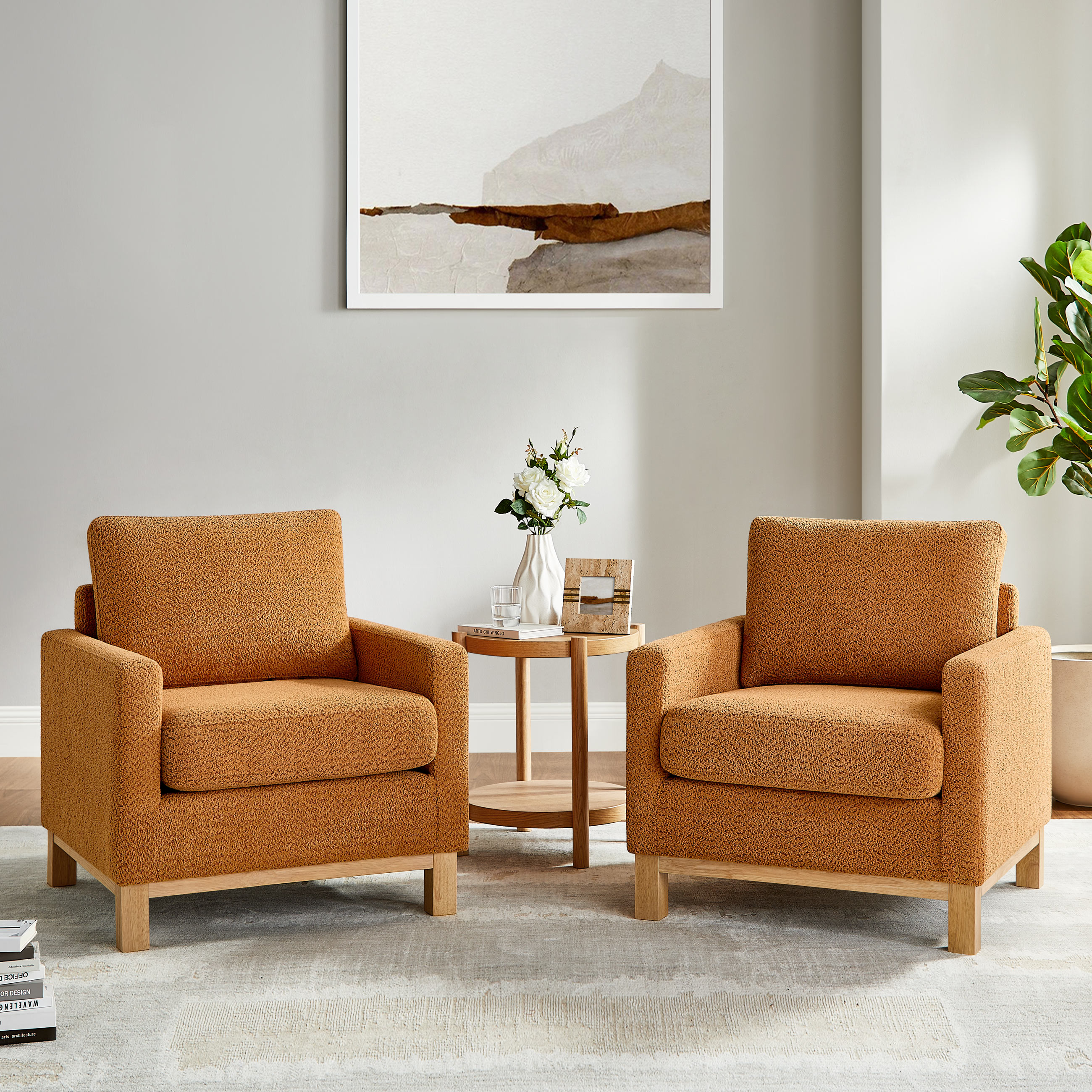 29''W Large Modern Boucle Accent Chair with Wooden Legs Curry Set of 2