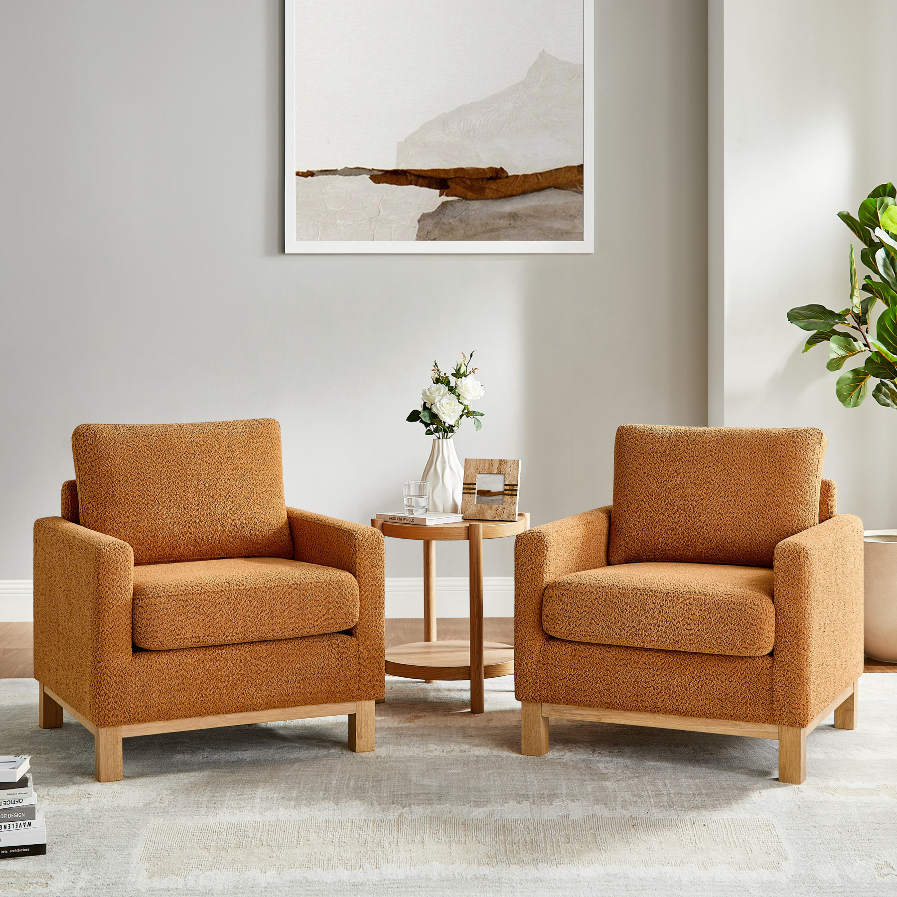 29''W Large Modern Boucle Accent Chair with Wooden Legs Curry Set of 2