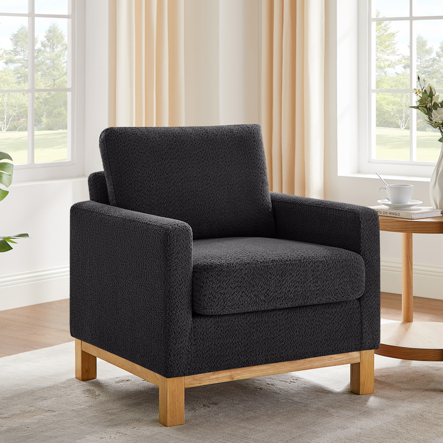 29'' Wide Large Modern Boucle Accent Chair with Wooden Legs Grey