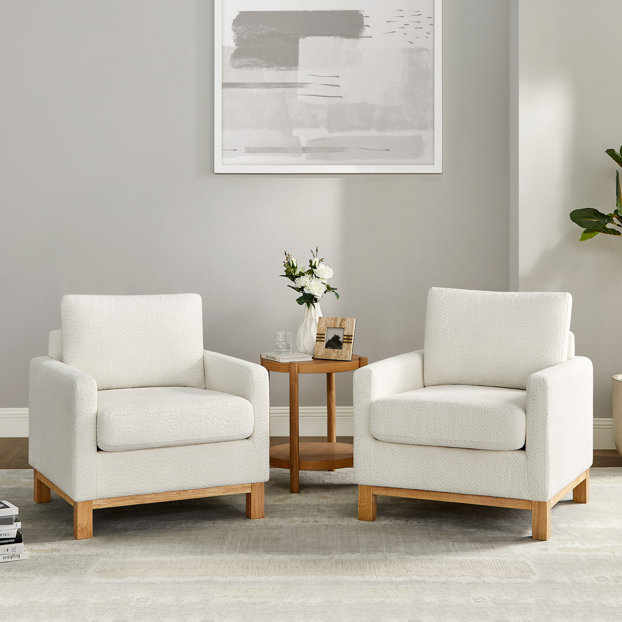 29''W Large Modern Boucle Accent Chair with Wooden Legs White Set of 2