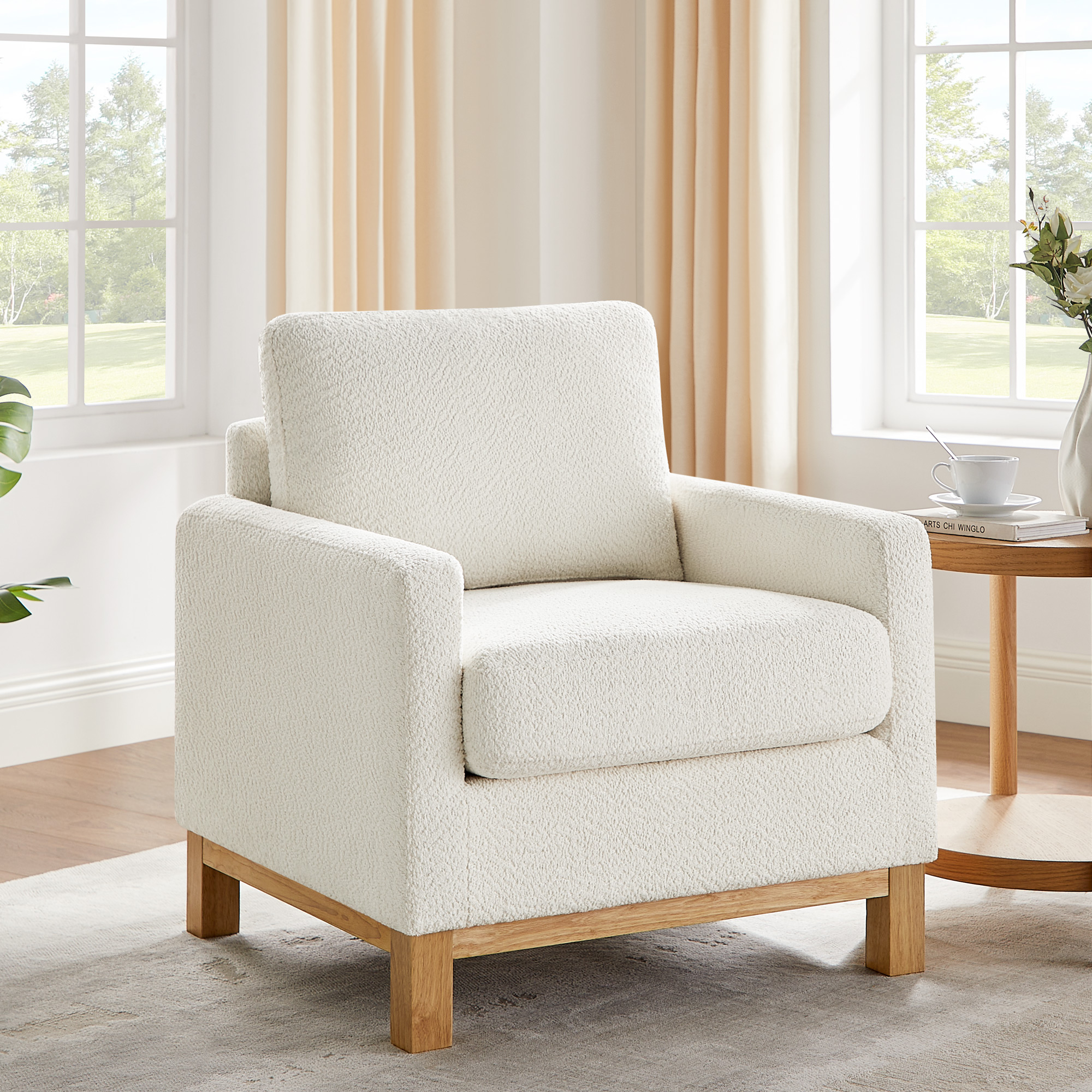 29'' Wide Large Modern Boucle Accent Chair with Wooden Legs White