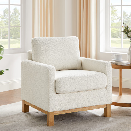 29'' Wide Large Modern Boucle Accent Chair with Wooden Legs White