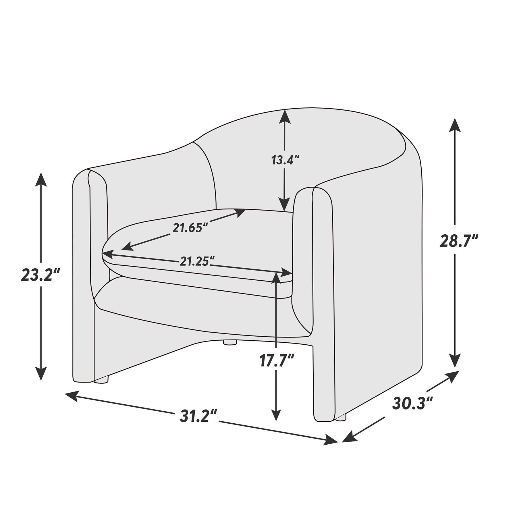 VANOMi 30'' Modern U Shaped Club Chair Large Accent Chair with Upholstered Arms Size