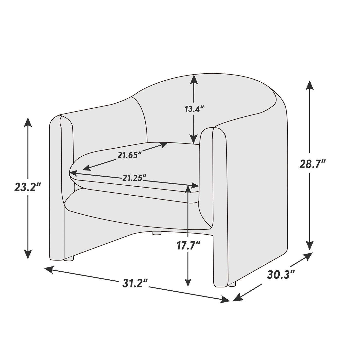 VANOMi 30'' Modern U Shaped Club Chair Large Accent Chair with Upholstered Arms Size
