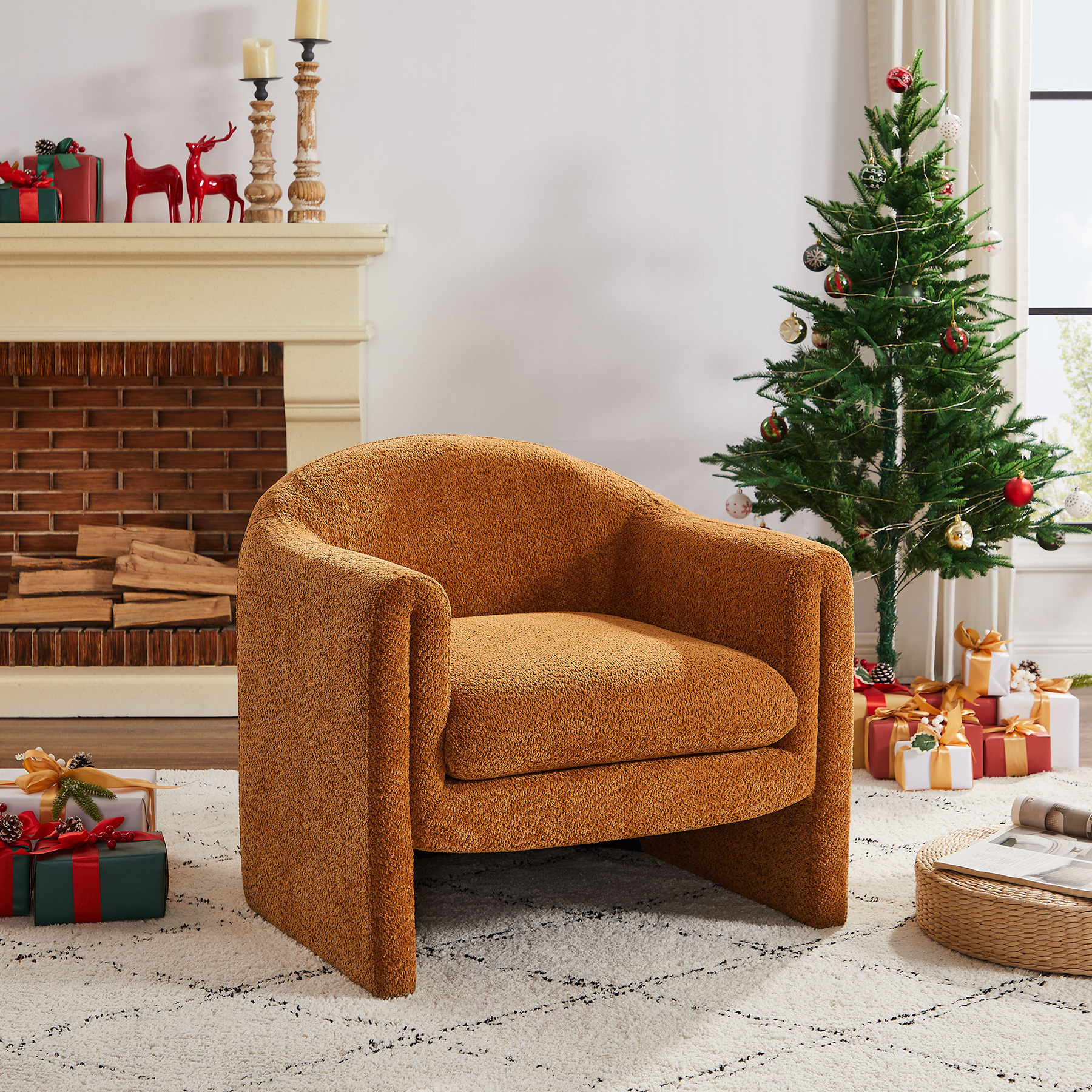 VANOMi 30'' Modern U Shaped Club Chair Large Accent Chair with Upholstered Arms Boucle Curry