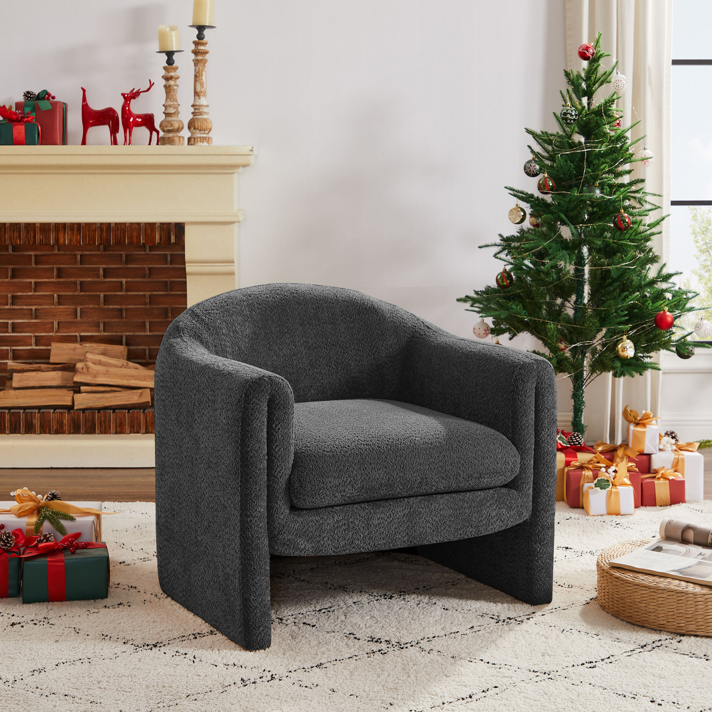 VANOMi 30'' Modern U Shaped Club Chair Large Accent Chair with Upholstered Arms Boucle Grey