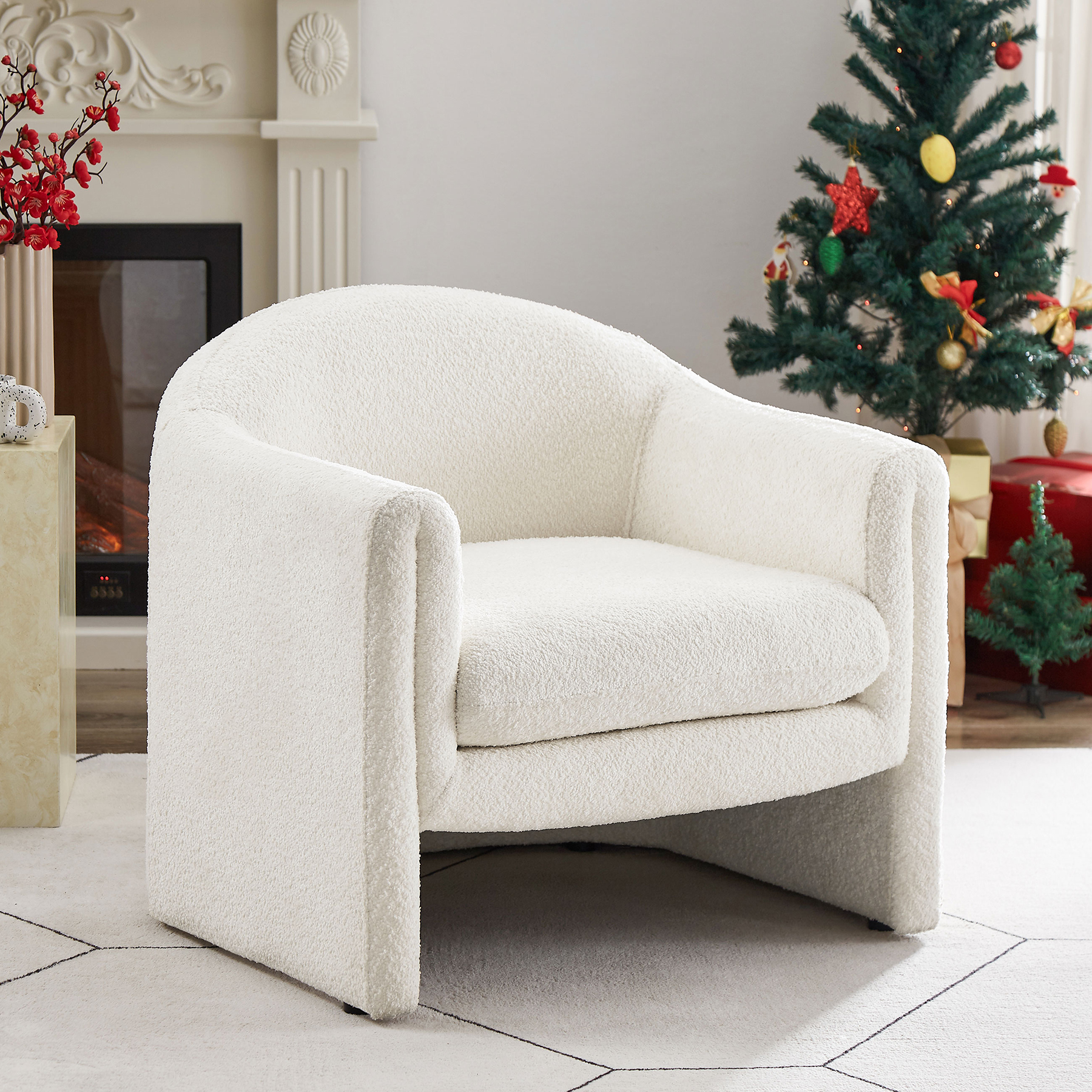 VANOMi 30'' Modern U Shaped Club Chair Large Accent Chair with Upholstered Arms Boucle White