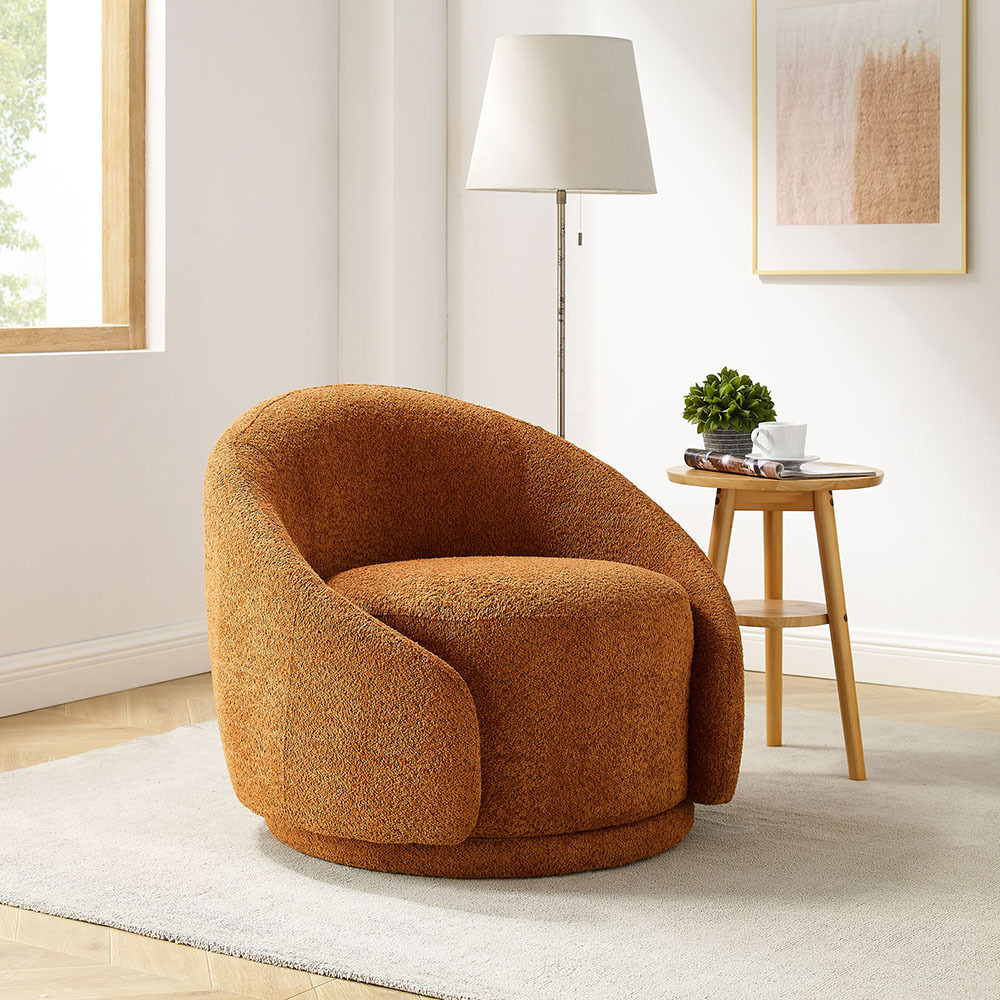 VANOMi Modern Swivel Barrel Chair 360° Upholstered Accent Armchair for Living Room+Bedroom Boucle Curry