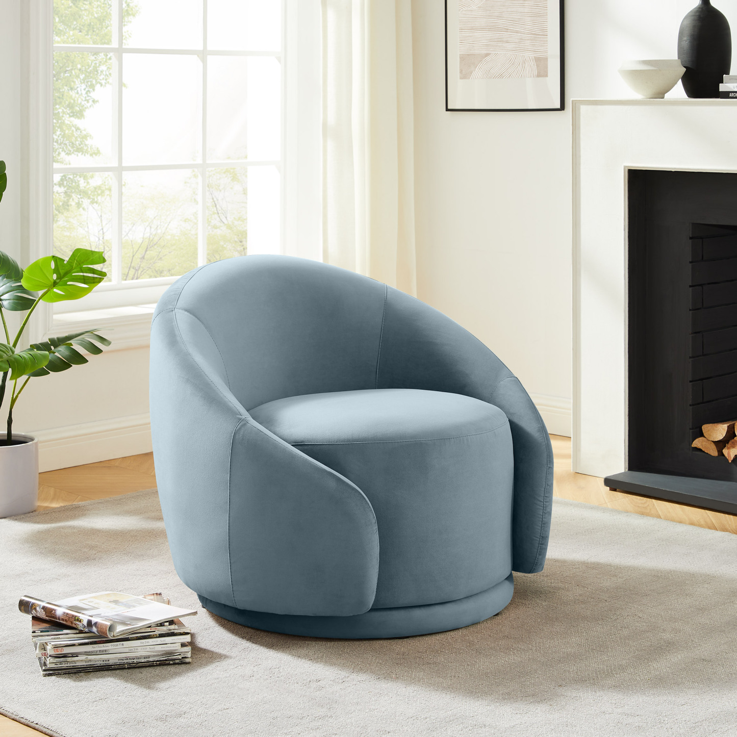 VANOMi 360° Swivel Barrel Accent Armchair for Home, Office, Library, Club, Velvet Denim Color