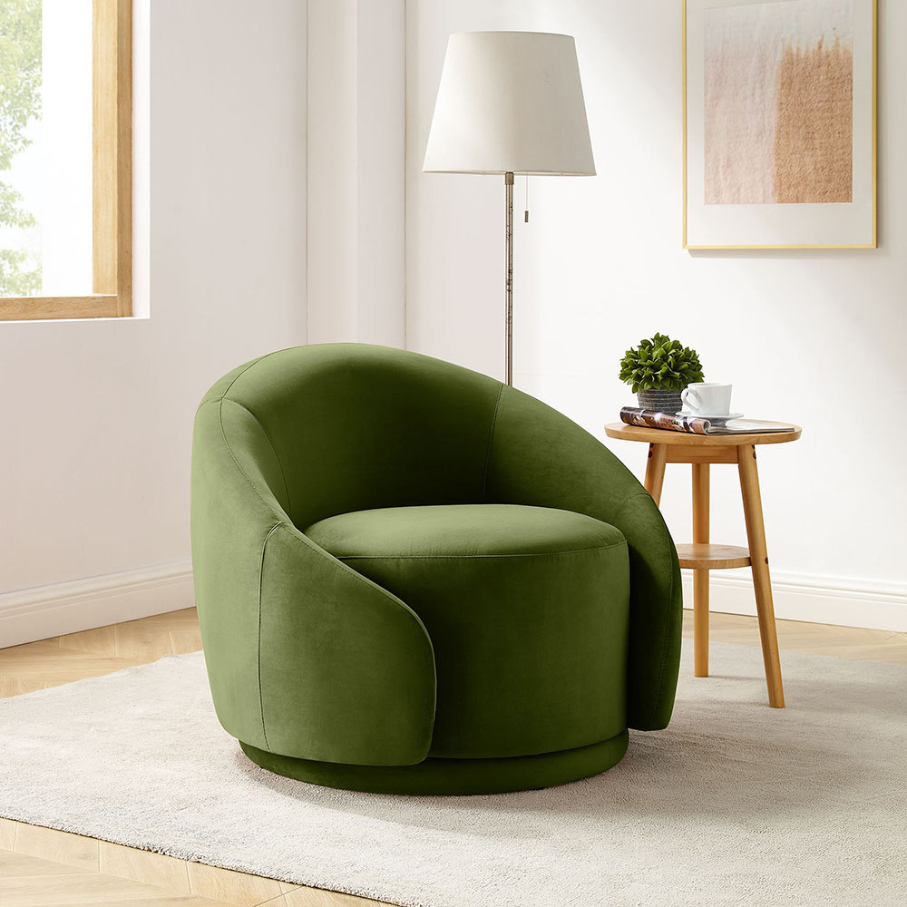 360° Velvet Olive Green Swivel Barrel Accent Armchair for Home, Office, Library, Club - VANOMi
