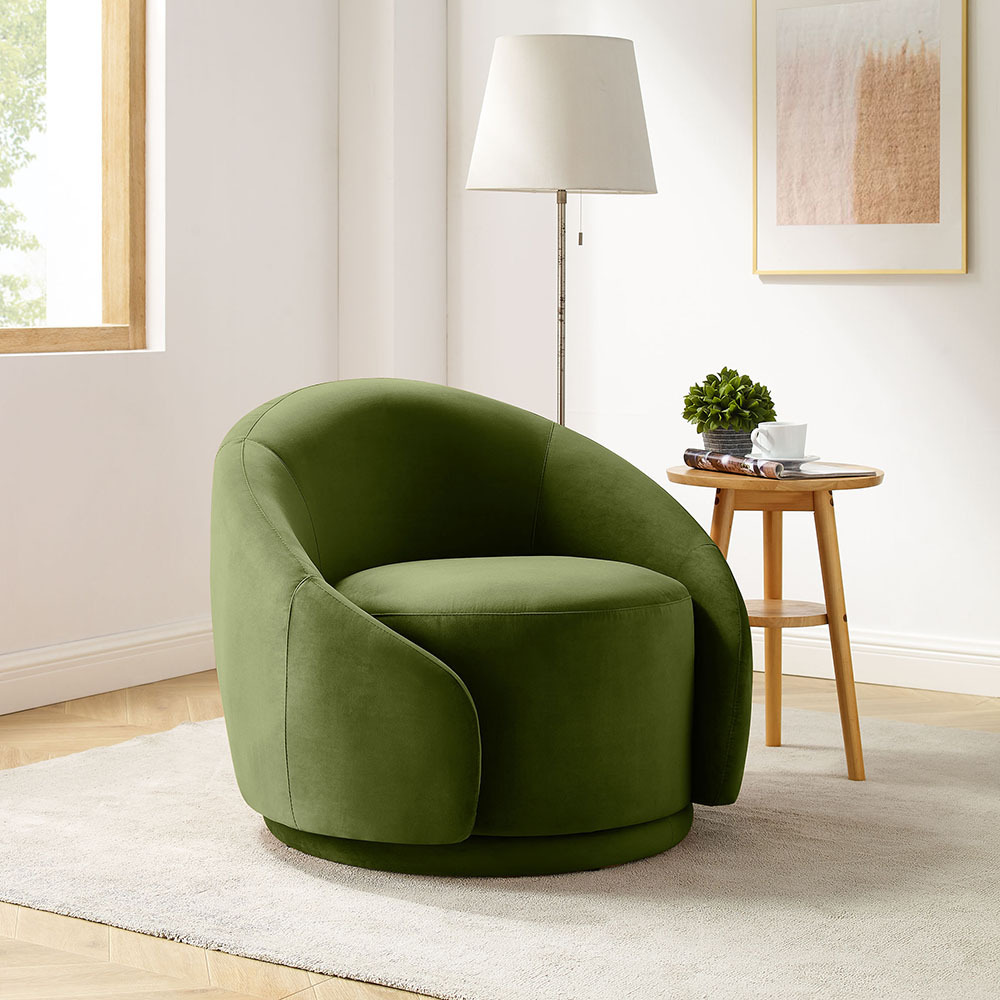 360° Velvet Olive Green Swivel Barrel Accent Armchair for Home, Office, Library, Club - VANOMi