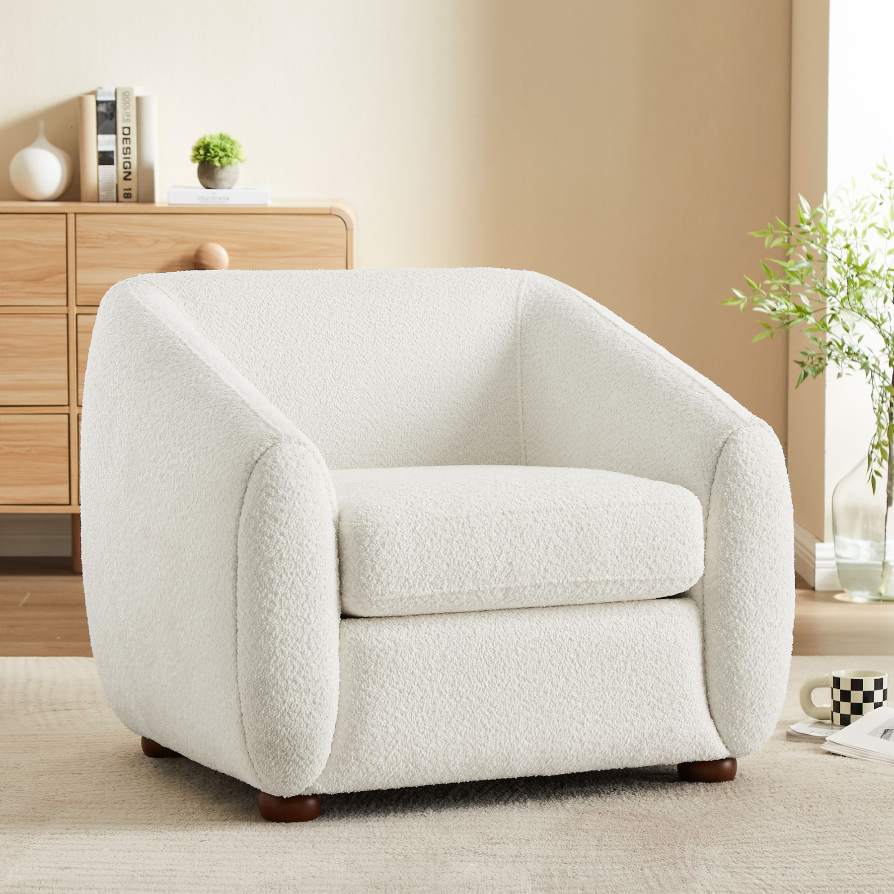 VANOMi 36'' Modern Oversized Upholstered Accent Armchair with Reversible Cushion White Boucle