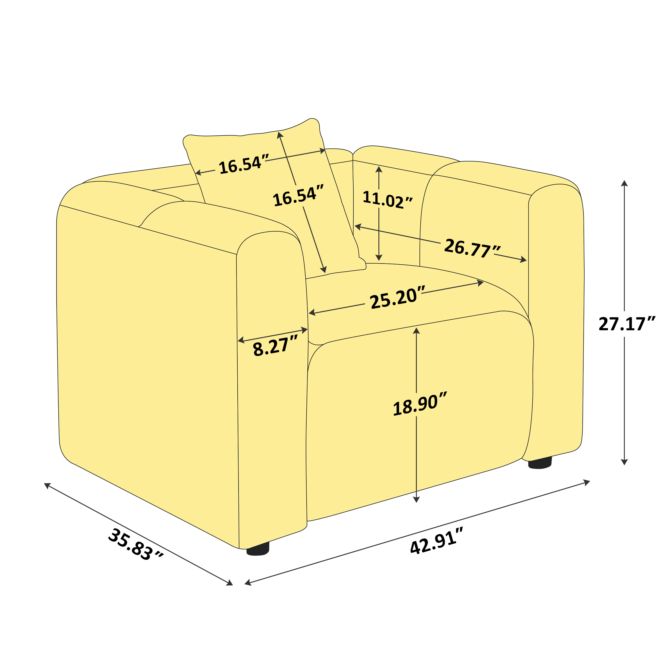 42''W Modern Oversized Boucle Accent Chair with Pillow for Living Room Size Details