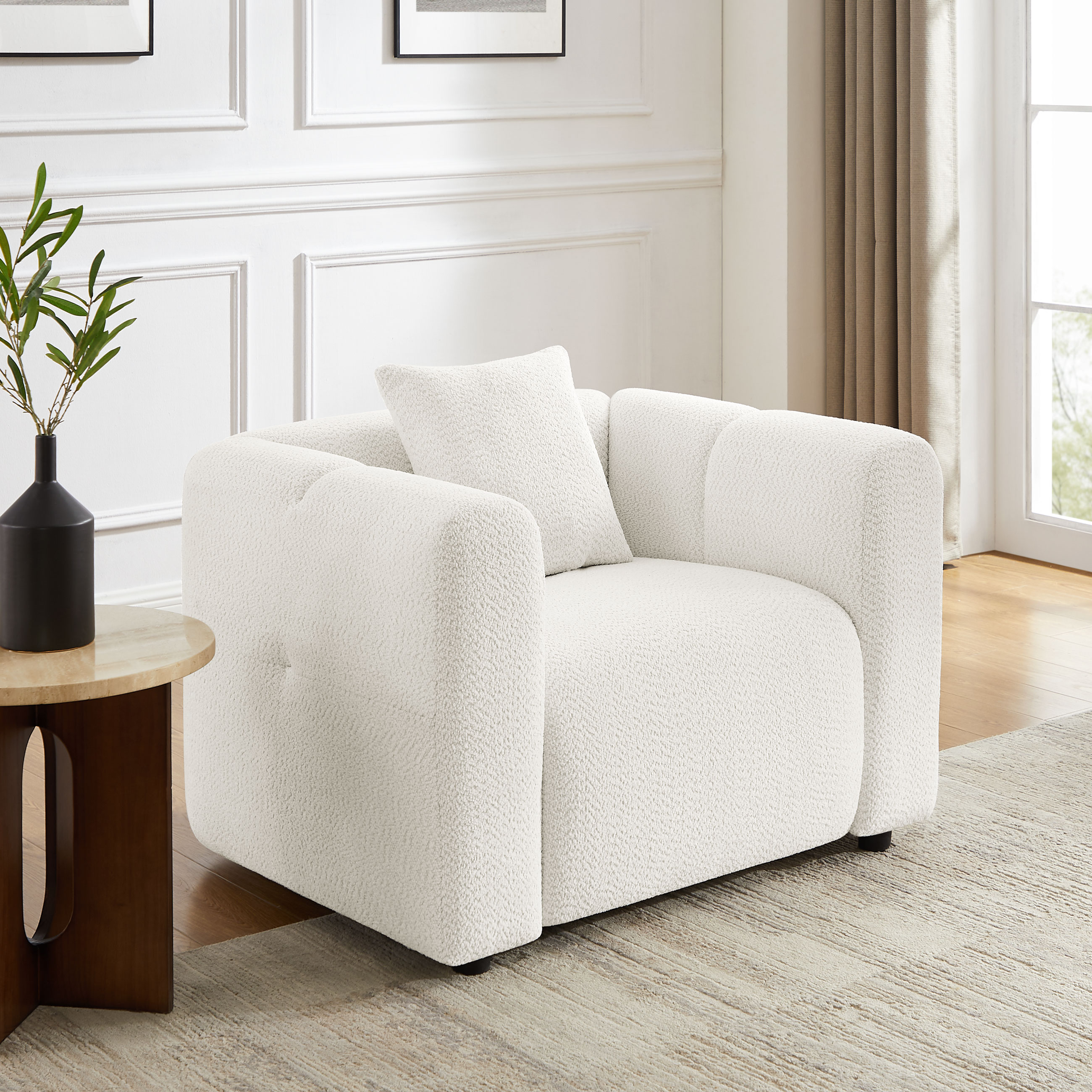 42''W Modern Oversized Boucle Accent Chair with Pillow for Living Room White