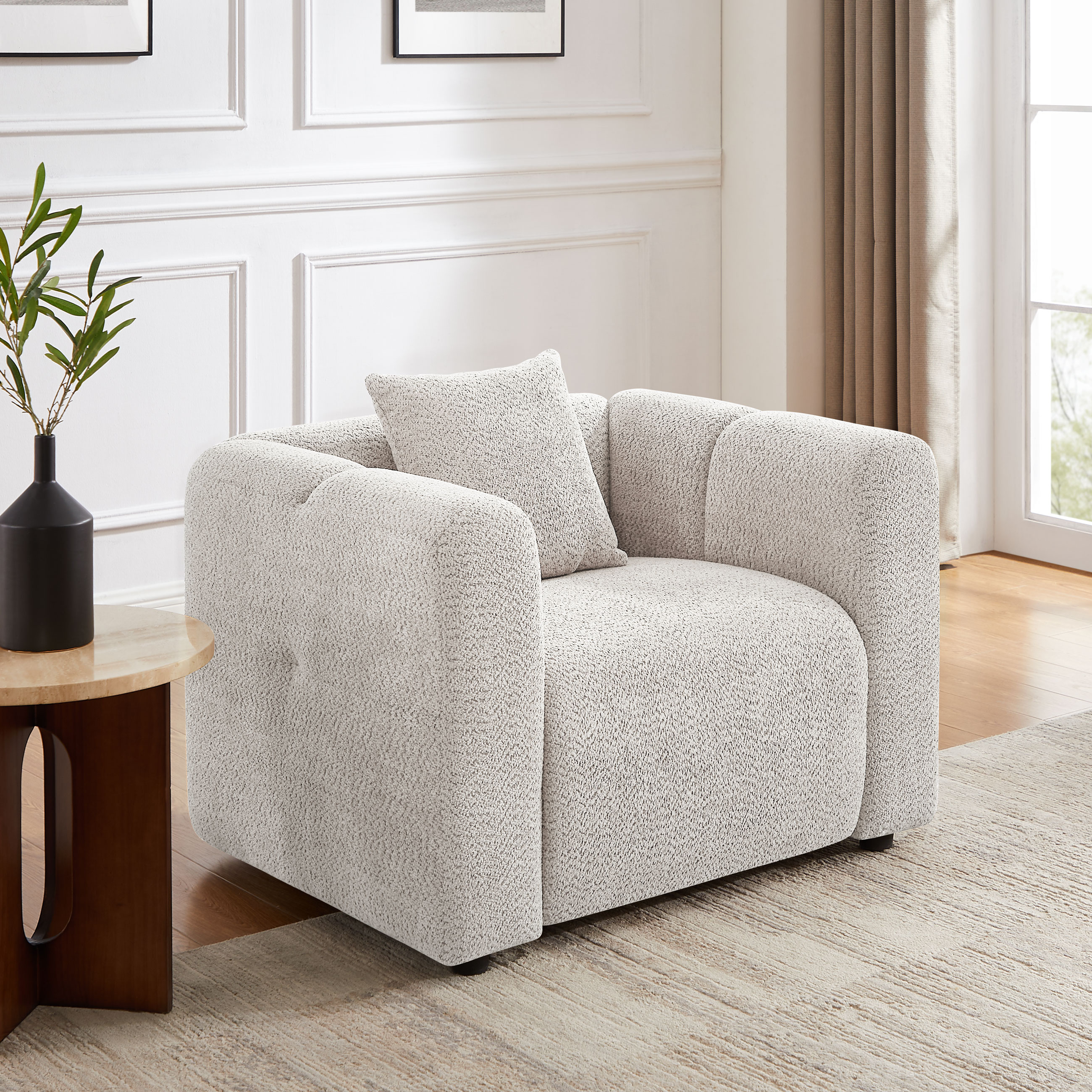 42''W Modern Oversized Boucle Accent Chair with Pillow for Living Room Light Khaki