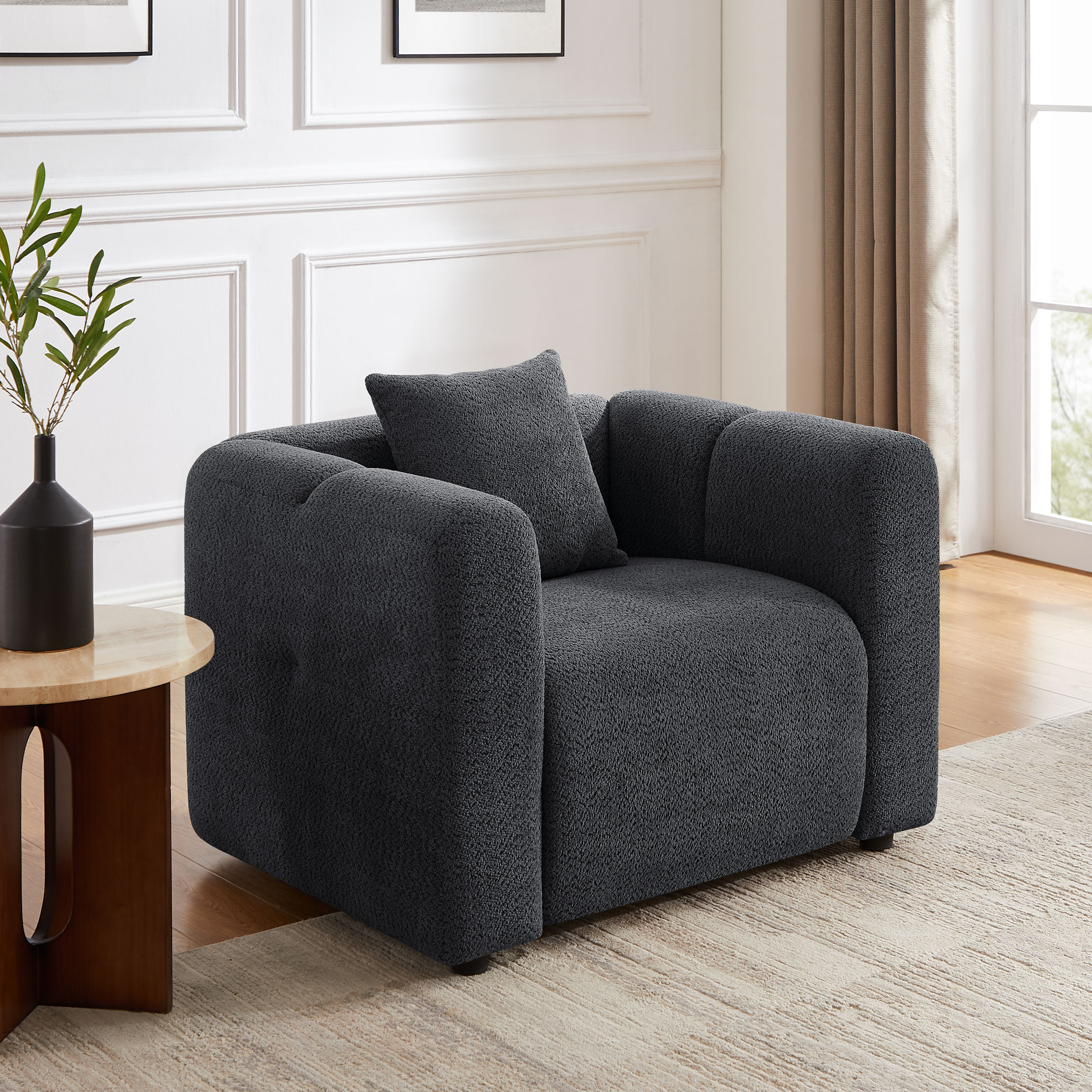 42''W Modern Oversized Boucle Accent Chair with Pillow for Living Room Dark Grey