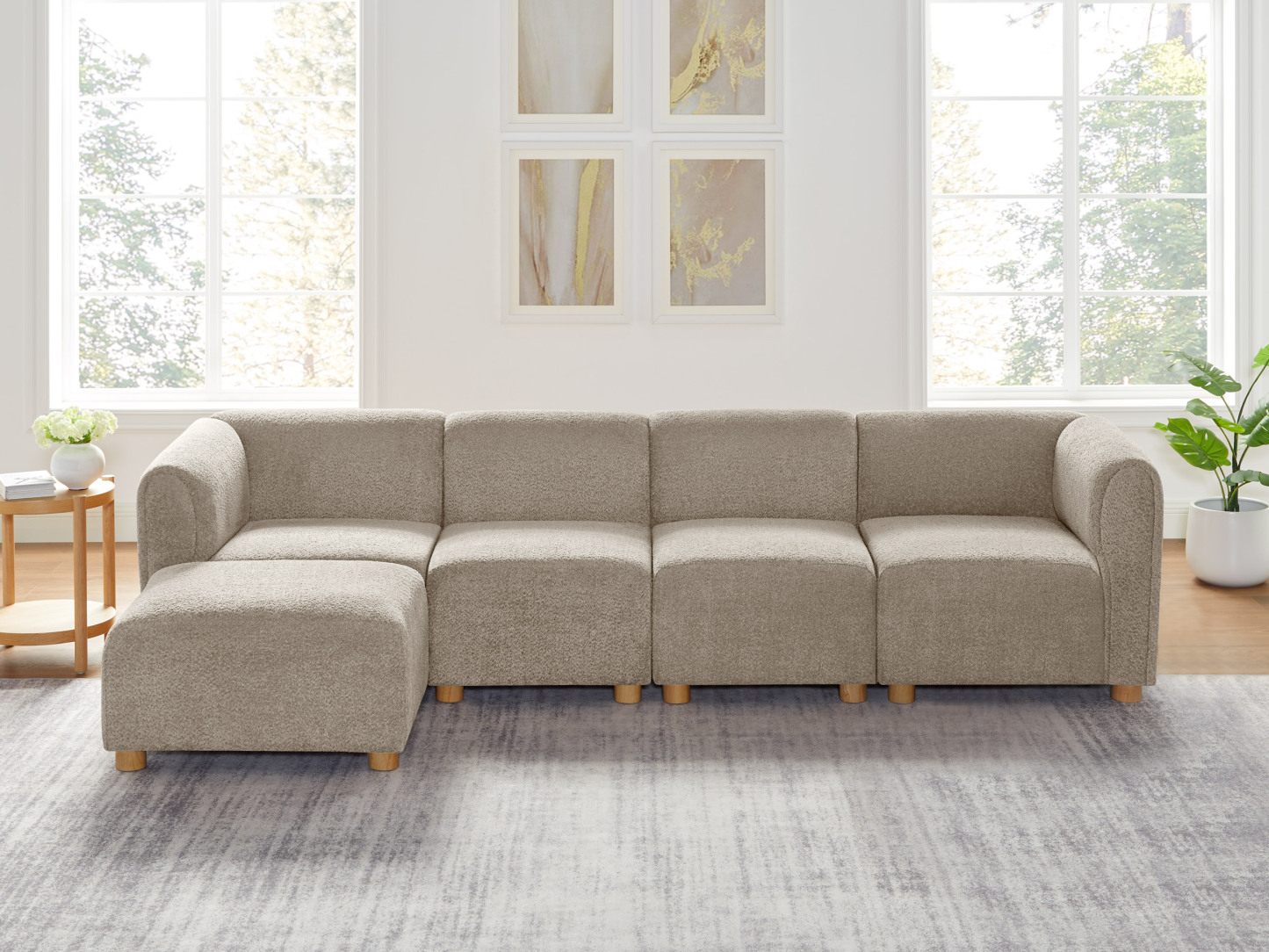 VANOMi L-shaped Oversized Camel Boucle Modular Sofa with Ottoman