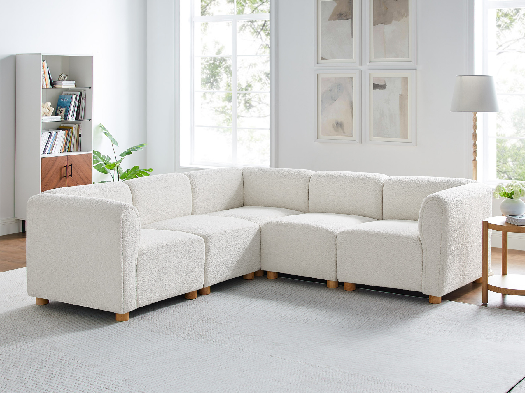 90'' V Shaped 5 Seat White Boucle Modular Sofa VANOMi