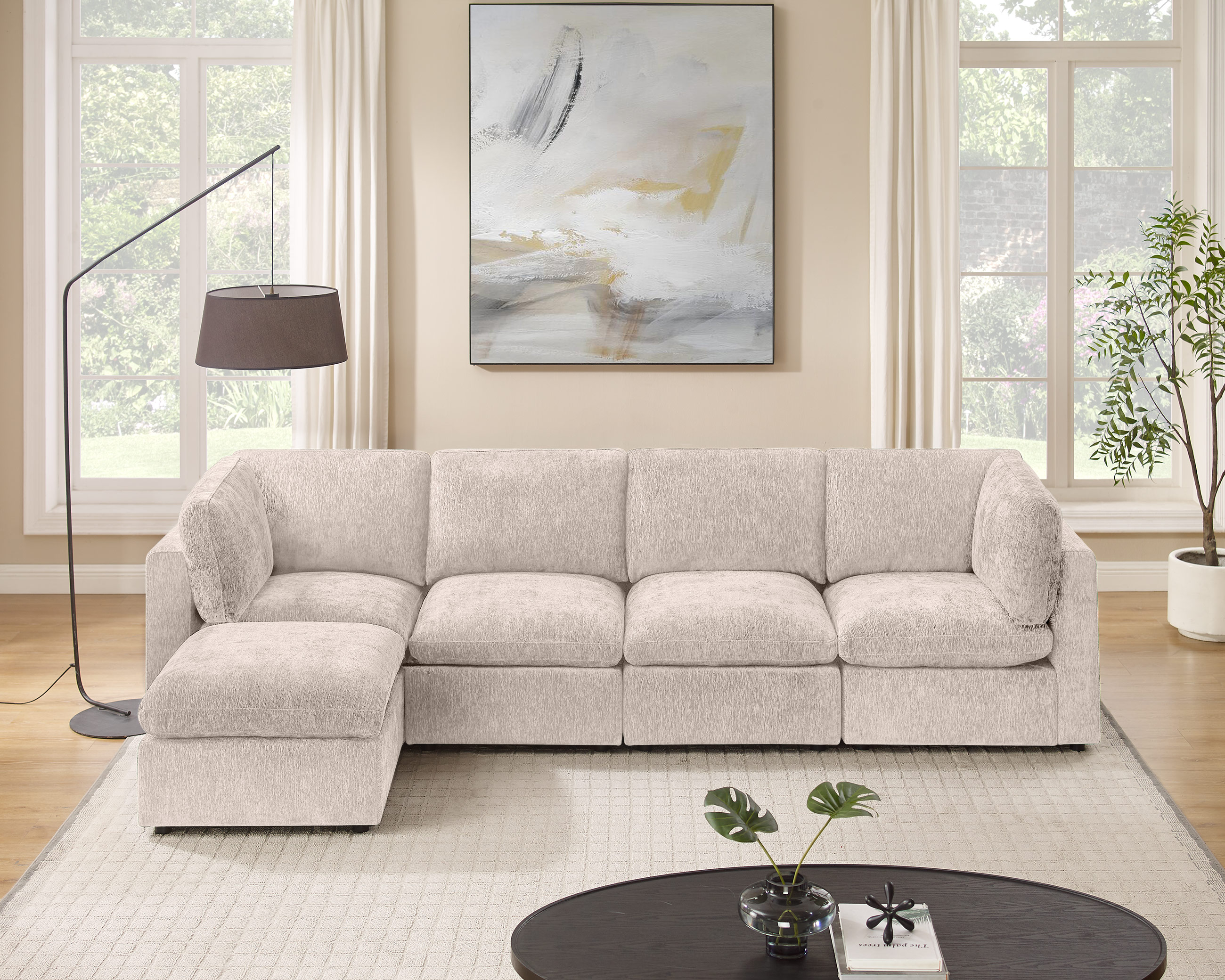 94''-121'' L/U Shaped 5 Seat Chenille Modular Sofa with Ottomans Camel