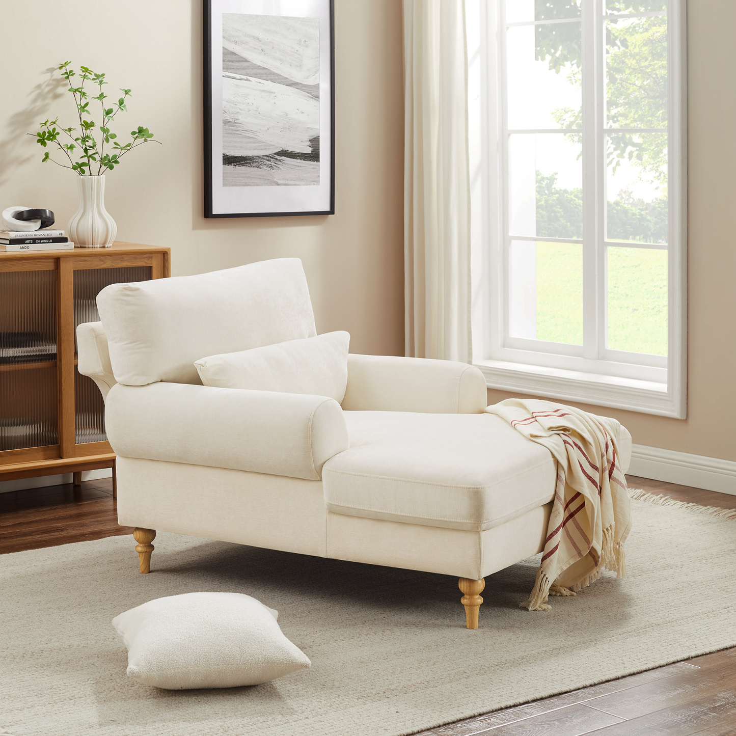 VANOMi 50'' Modern Adjustable Upholstered Chaise Lounge Large Single Chair Chenille Beige