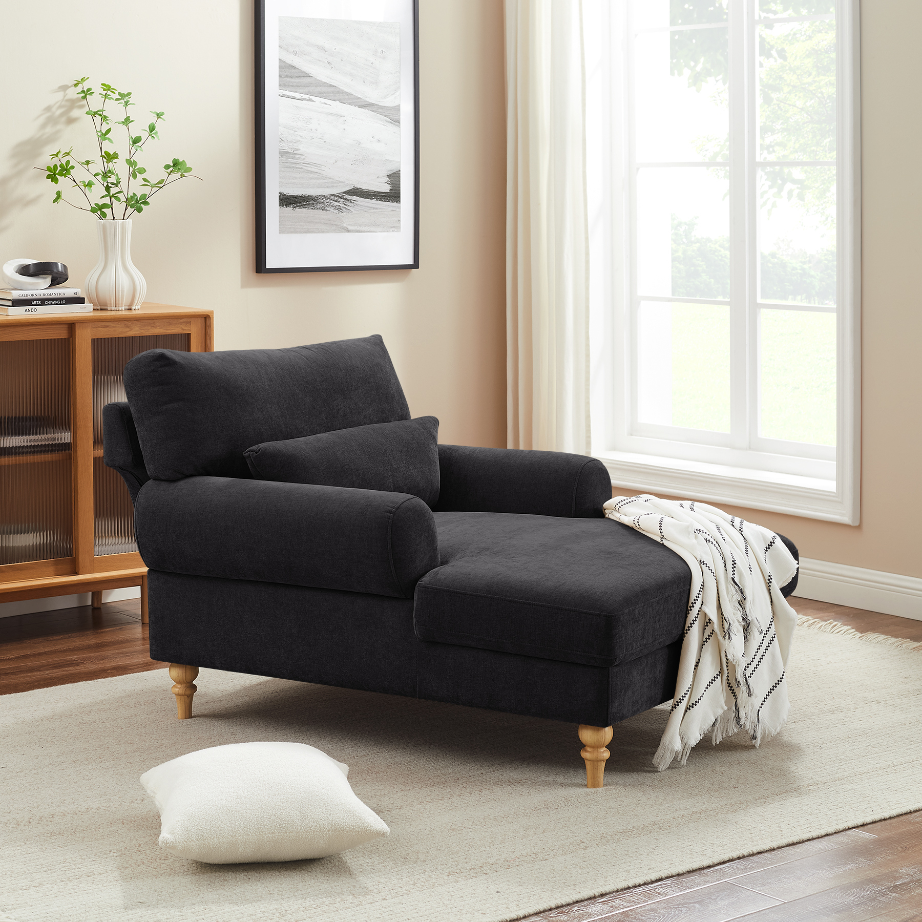 VANOMi 50'' Modern Adjustable Upholstered Chaise Lounge Large Single Chair Chenille Dark Grey