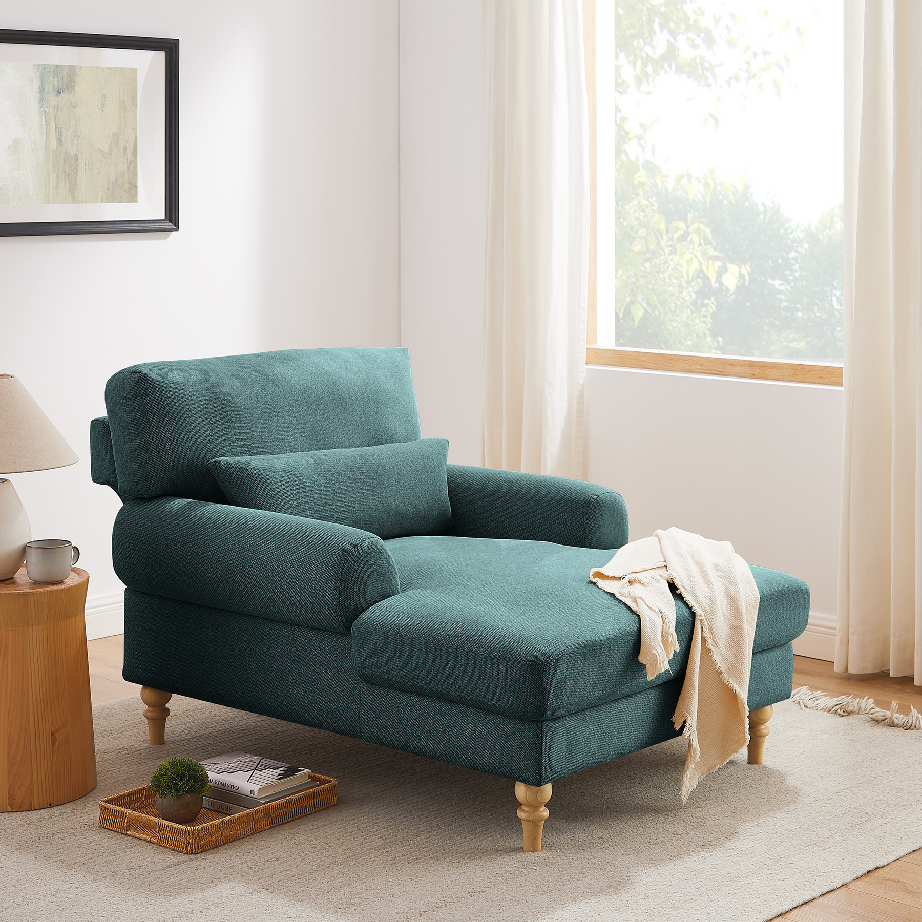 VANOMi 50'' Modern Adjustable Upholstered Chaise Lounge Large Single Chair Linen Pine Green