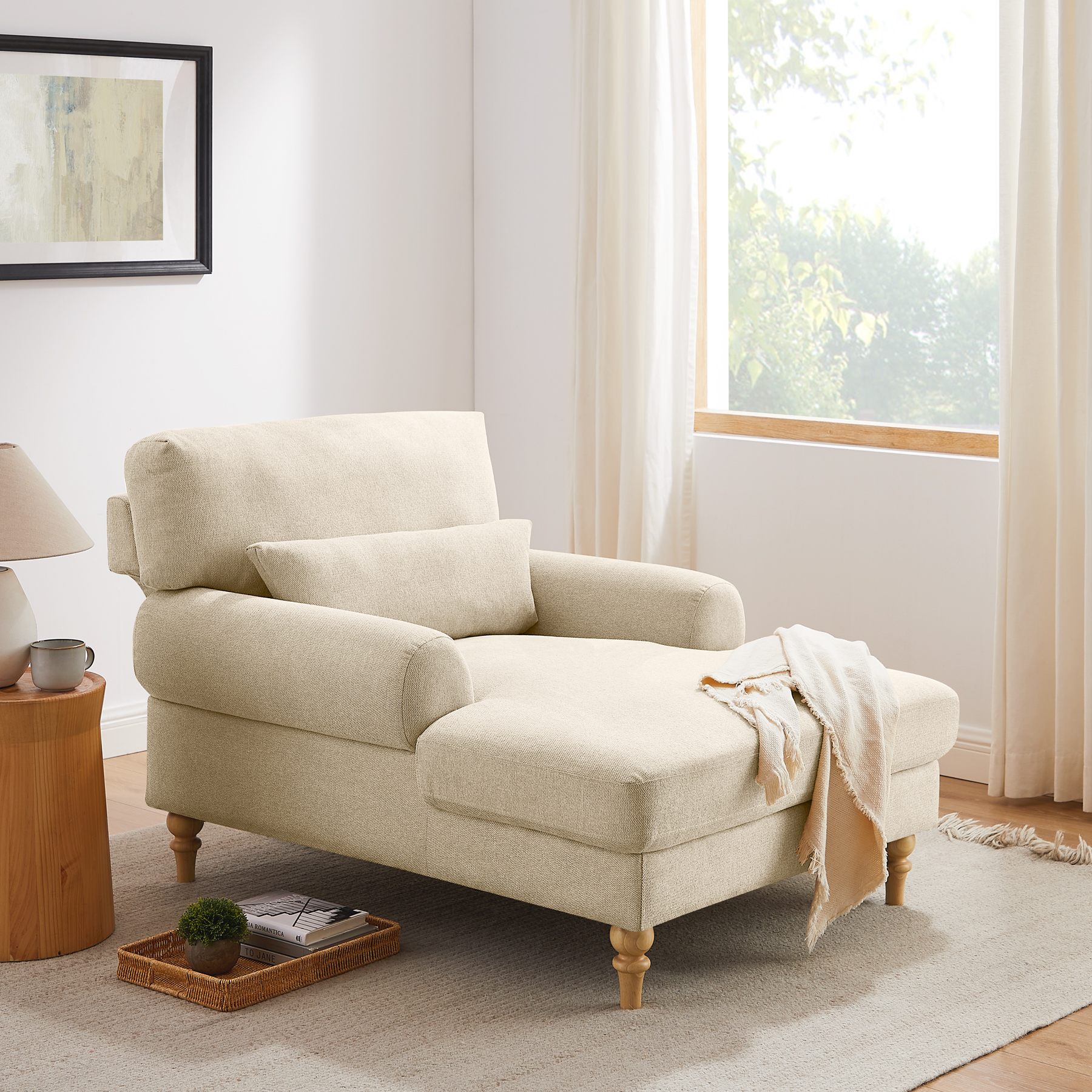 VANOMi 50'' Modern Adjustable Upholstered Chaise Lounge Large Single Chair Linen Smoky White