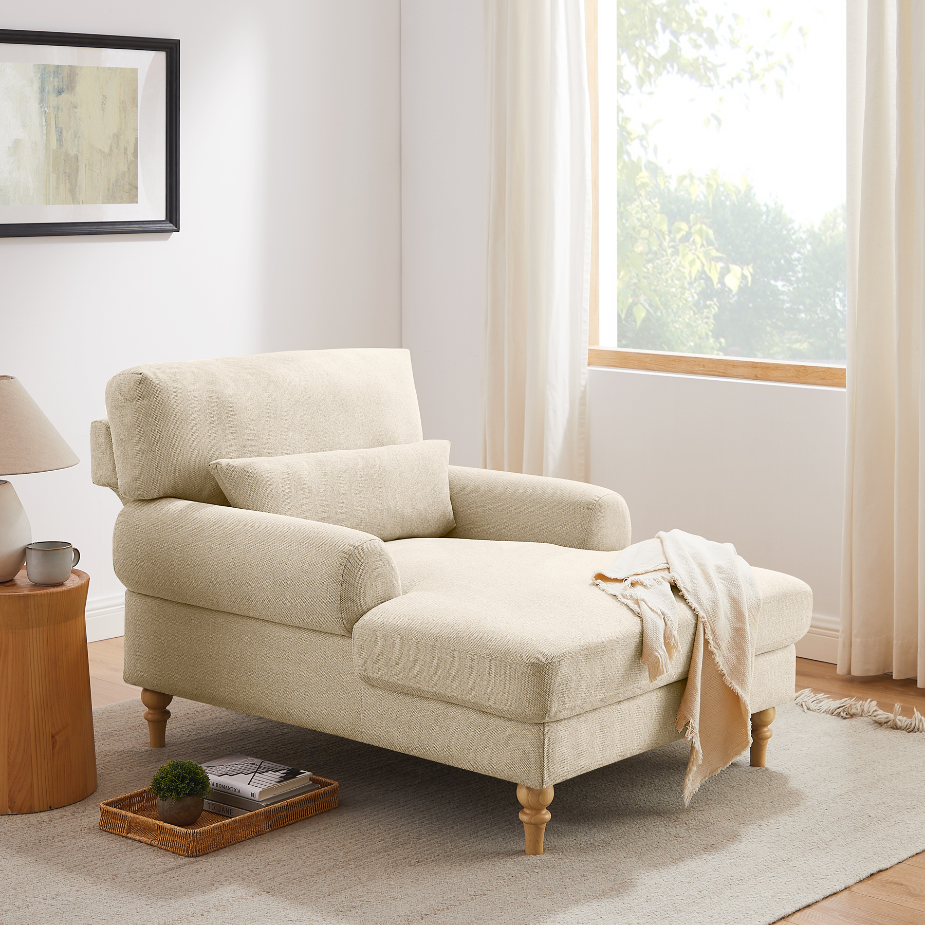 VANOMi 50'' Modern Adjustable Upholstered Chaise Lounge Large Single Chair Linen Smoky White