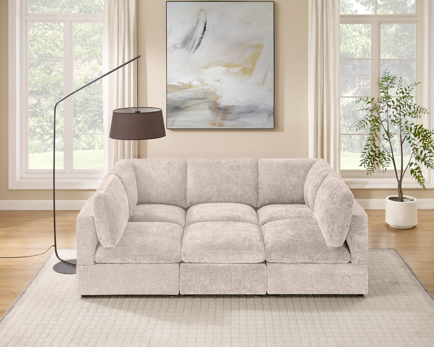 94''-121'' L/U Shaped 6 Seat Chenille Modular Sofa Bed with Ottomans Camel