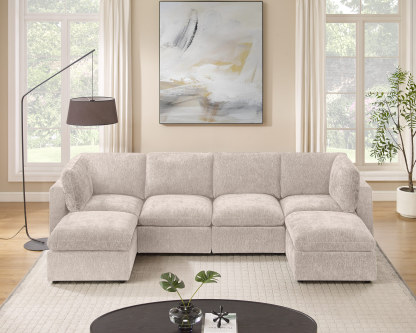 94''-121'' L/U Shaped 6 Seat Chenille Modular Sofa with Ottomans Camel