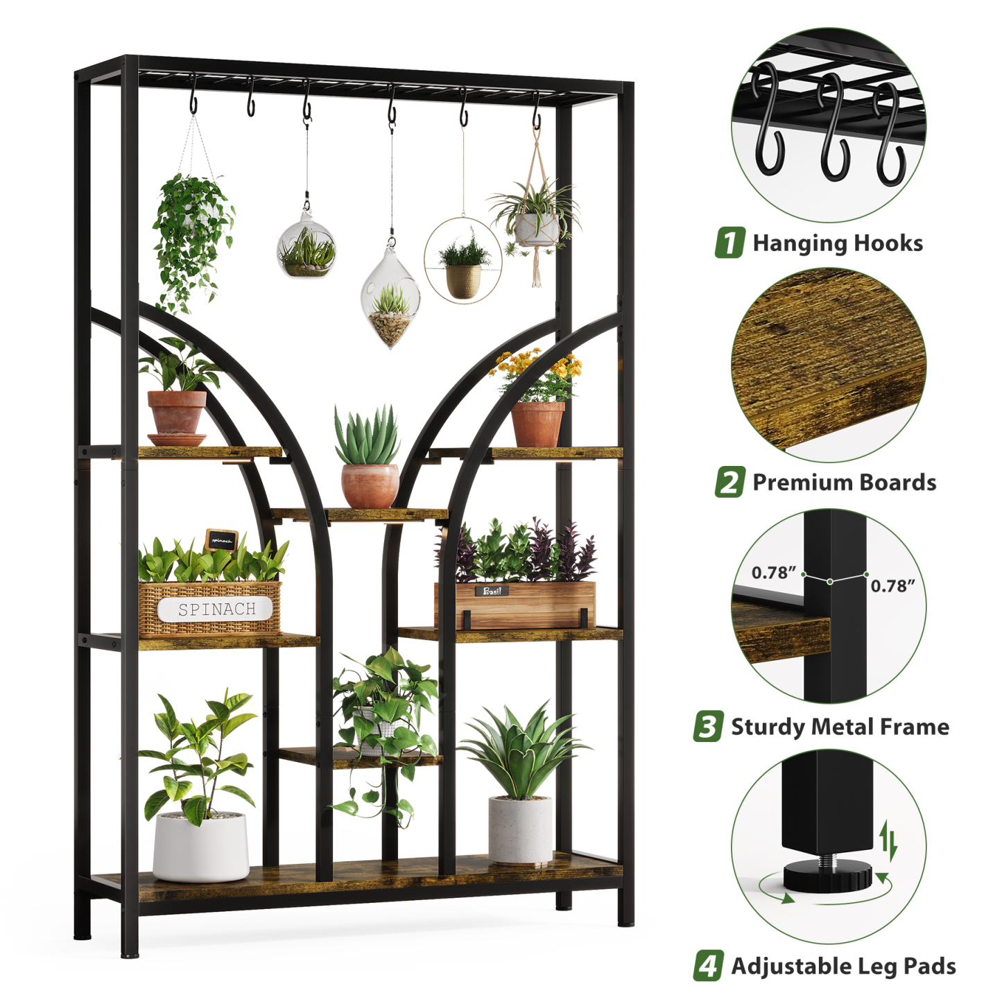 71'' Tall 6-Tier Plant Stand with 6 Hanging Hooks & 3 Grow Lights Details