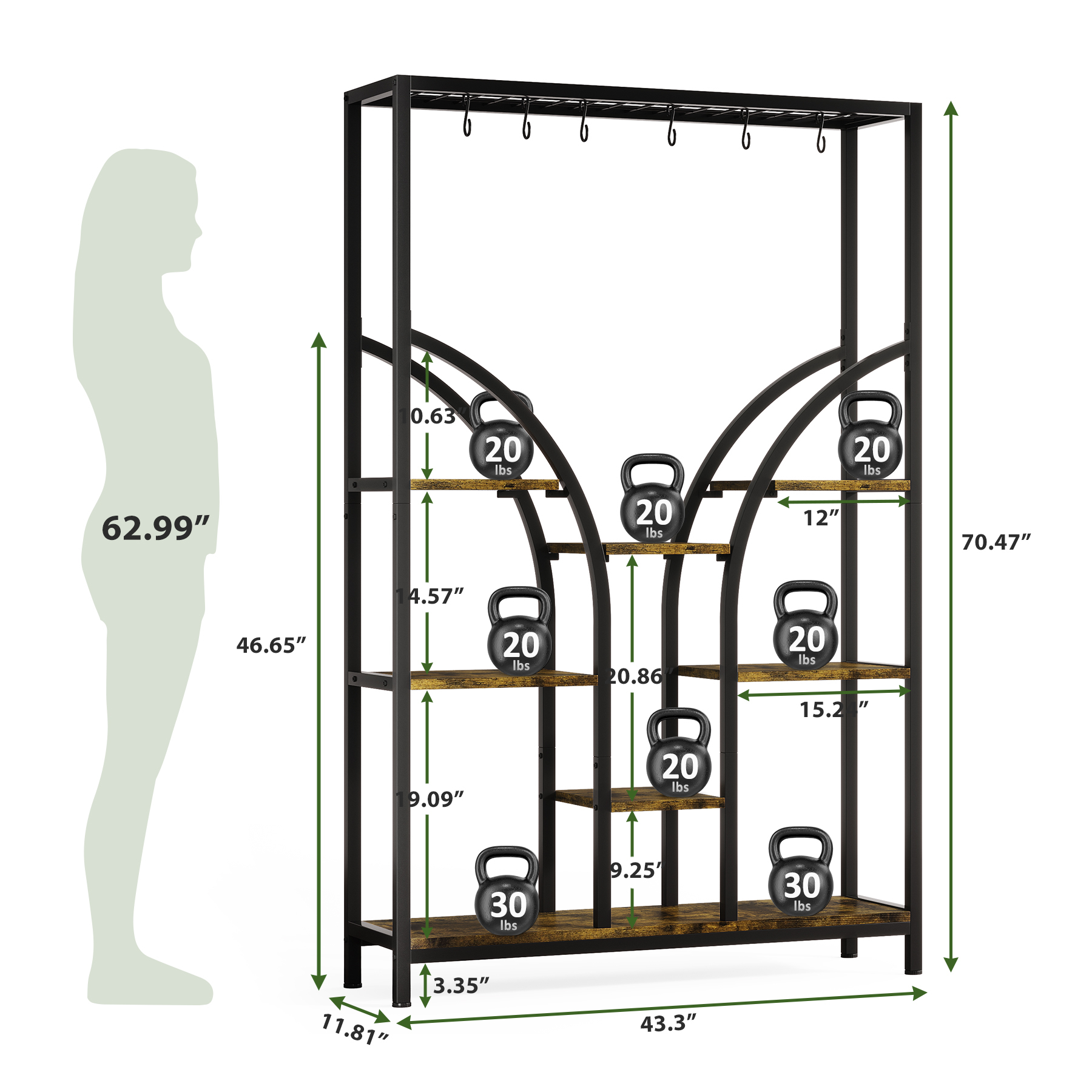 VANOMi 71'' Tall 6-Tier Plant Stand with 6 Hanging Hooks & 3 Grow Lights Size