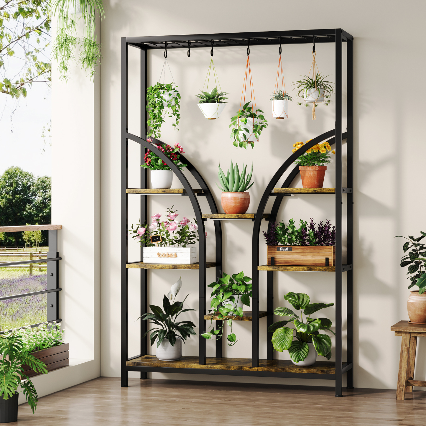 71'' Tall 6-Tier Plant Stand with 6 Hanging Hooks & 3 Grow Lights for Balcony