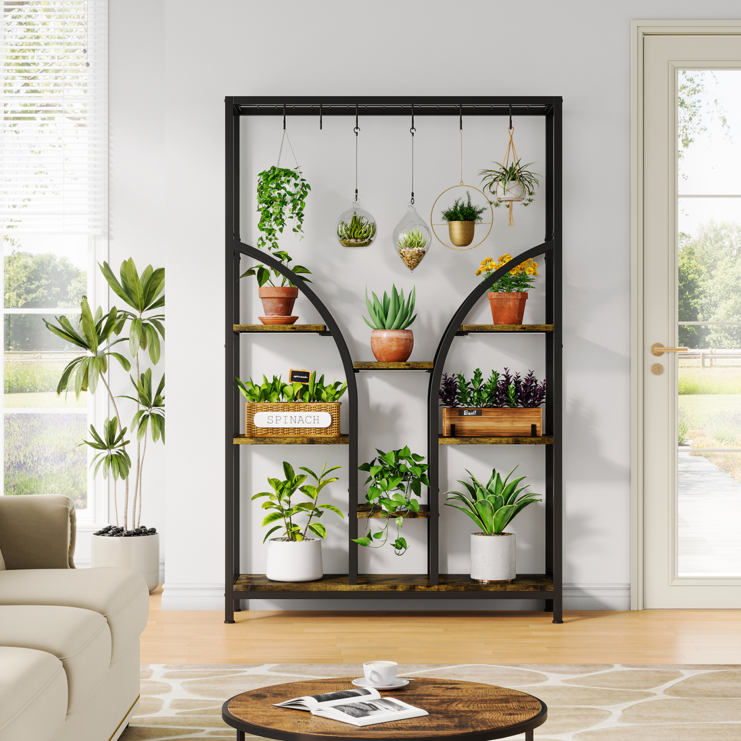 71'' Tall 6-Tier Plant Stand with 6 Hanging Hooks & 3 Grow Lights for Entryway