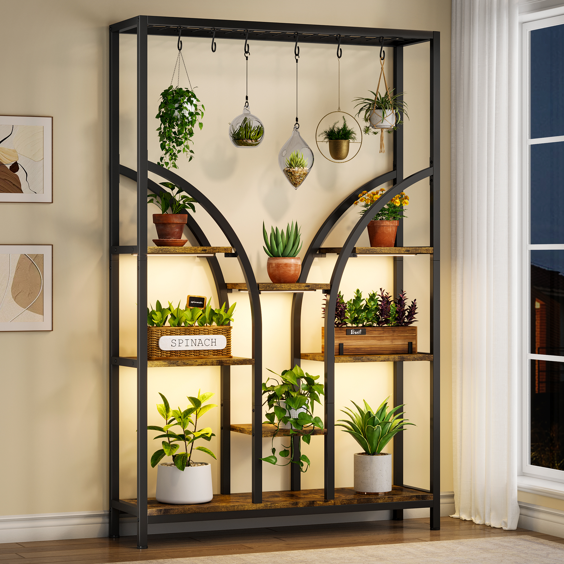 Indoor 71'' Tall 6-Tier Plant Stand with 6 Hanging Hooks & 3 Grow Lights