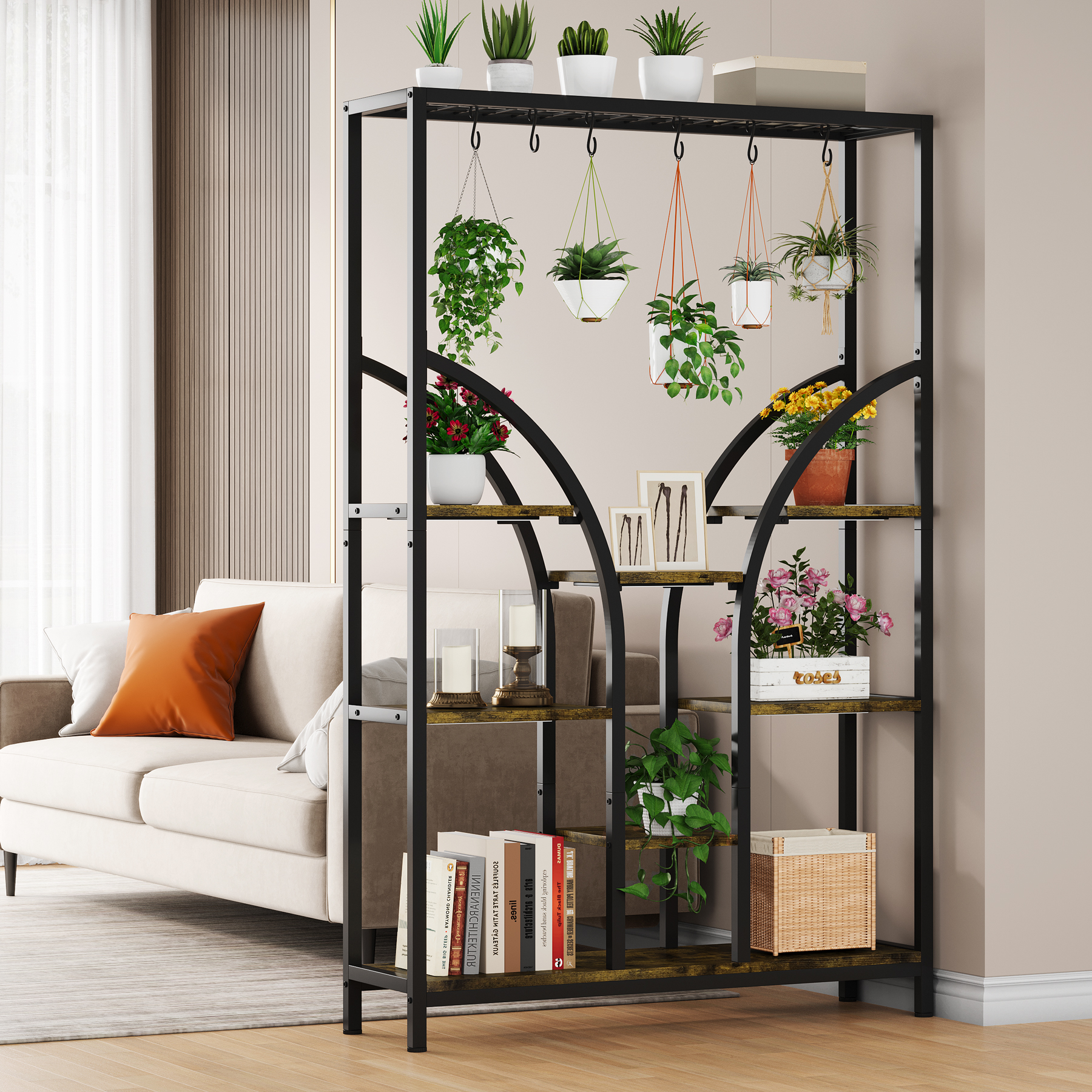 71'' Tall 6-Tier Plant Stand with 6 Hanging Hooks & 3 Grow Lights for Living Room