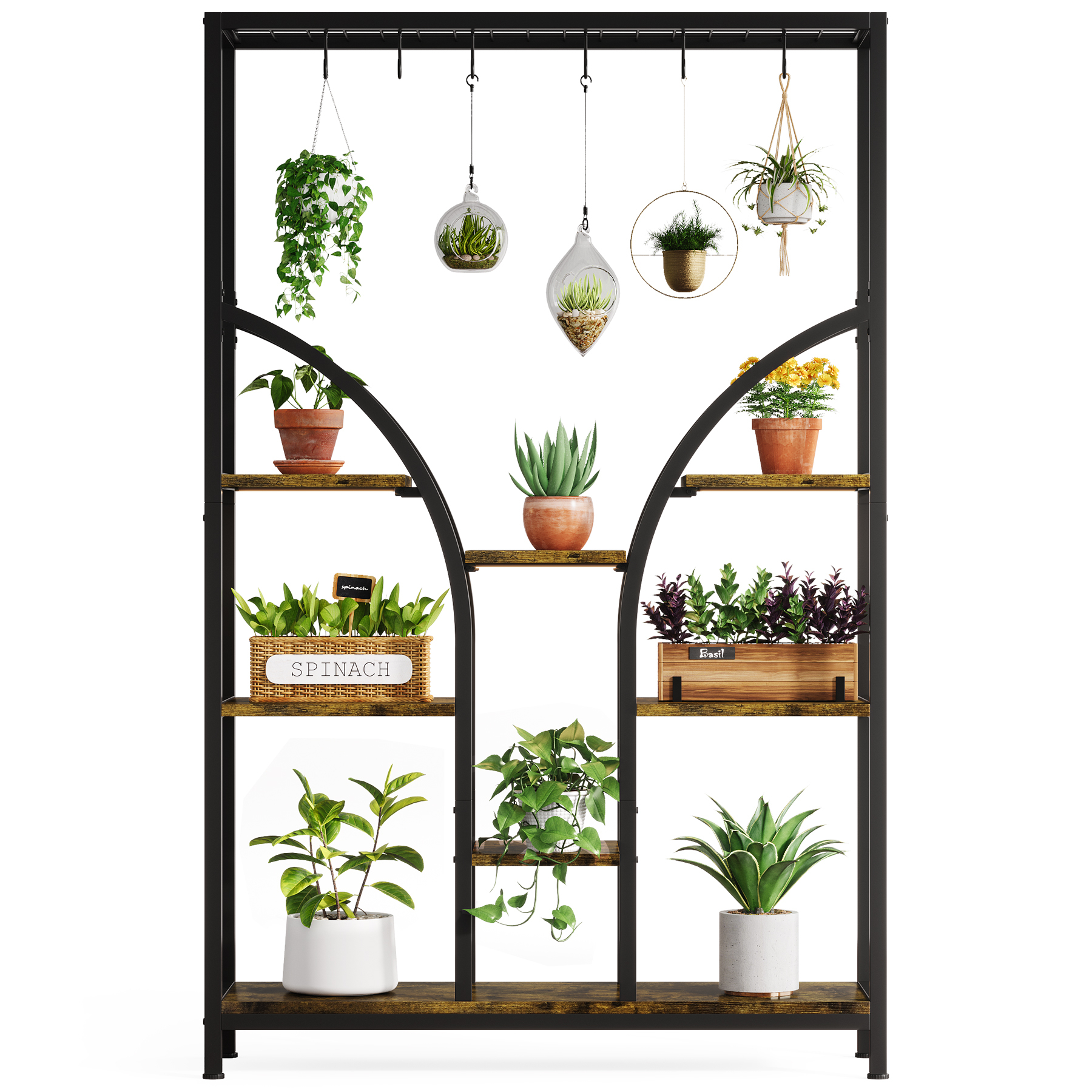 Indoor 71'' Tall 6-Tier Plant Stand with 6 Hanging Hooks & 3 Grow Lights