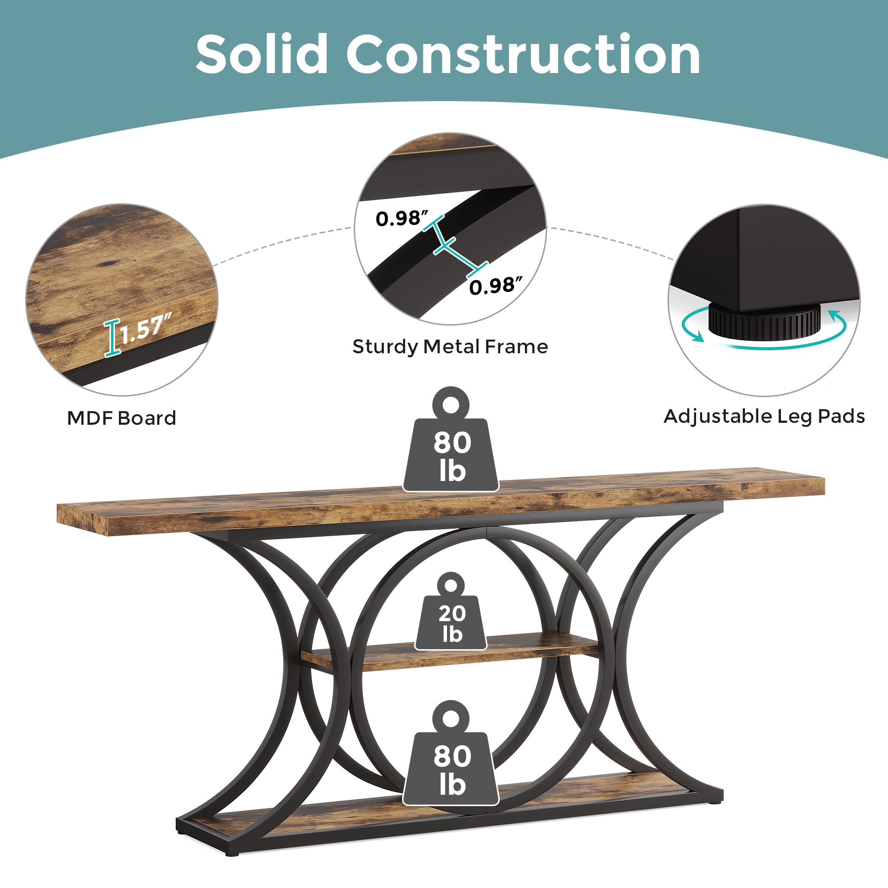 VANOMi 63" Rustic Industrial Console Table with 3-Tier Storage Shelves Solid Construction