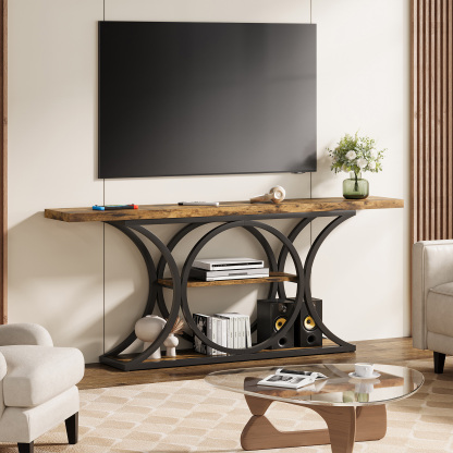 VANOMi 63" Rustic Industrial Console Table with 3-Tier Storage Shelves as a TV Stand