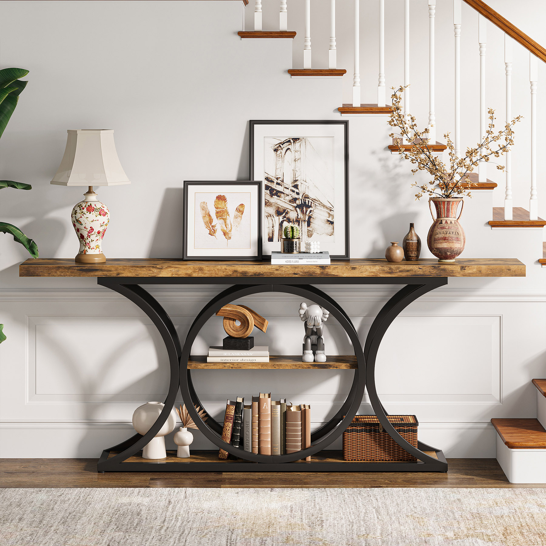 VANOMi 63" Rustic Industrial Console Table with 3-Tier Storage Shelves for Entryway		