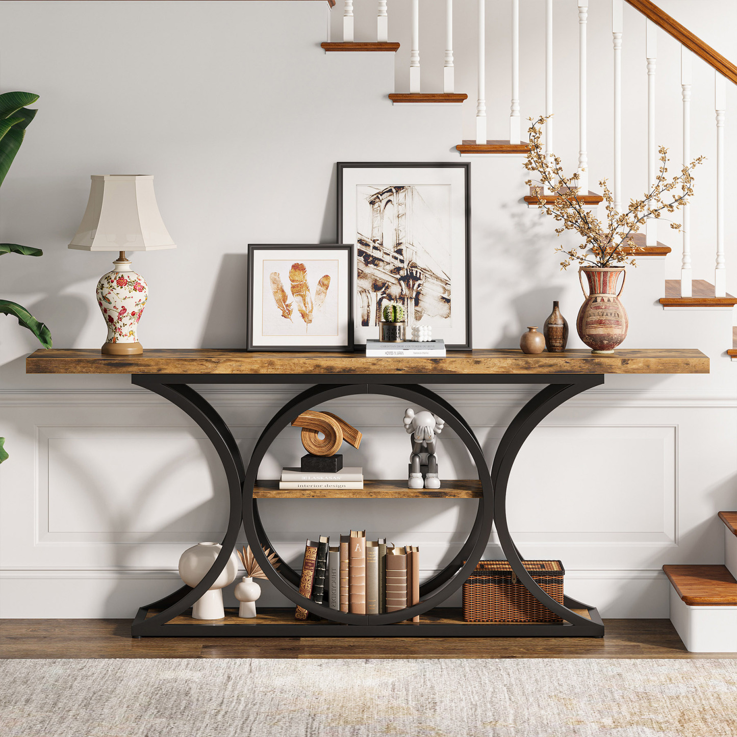 VANOMi 63" Rustic Industrial Console Table with 3-Tier Storage Shelves for Entryway		