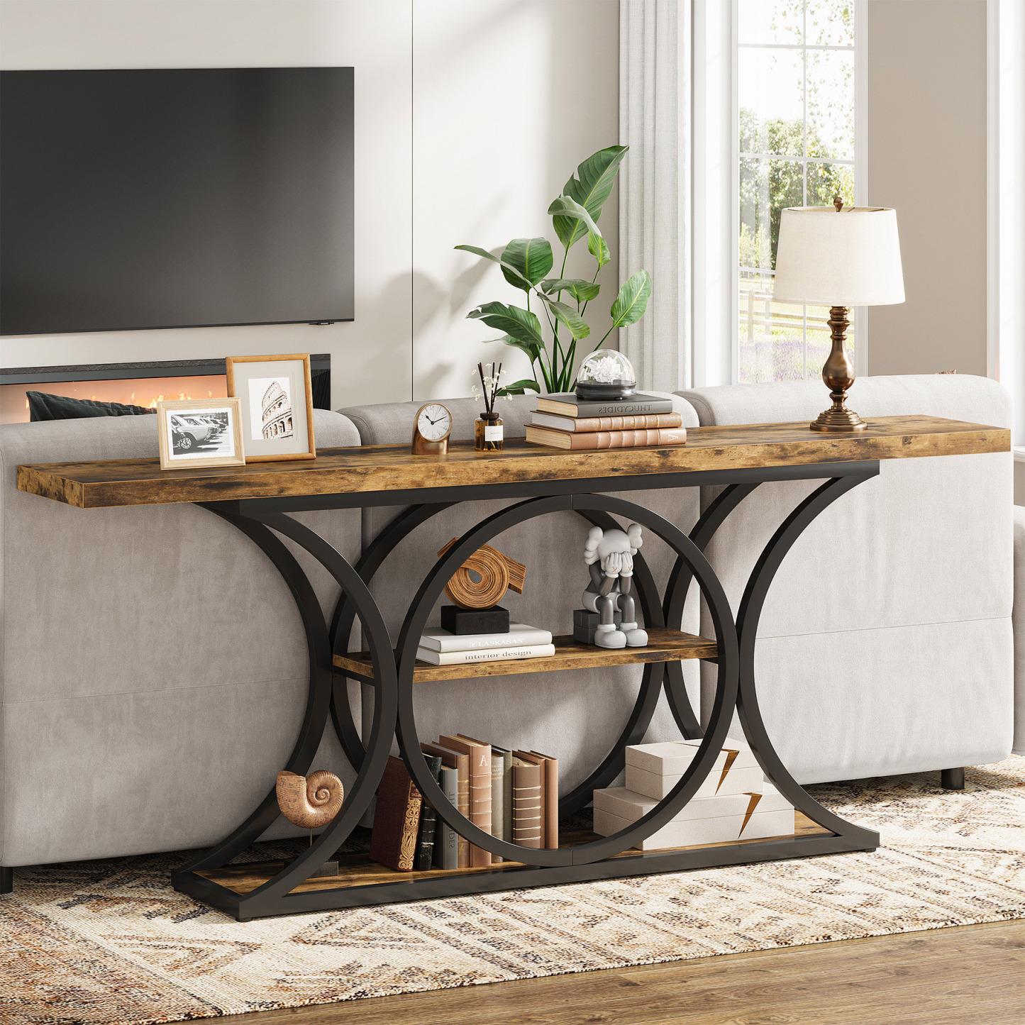 VANOMi 63" Rustic Industrial Console Table with 3-Tier Storage Shelves for Sofa