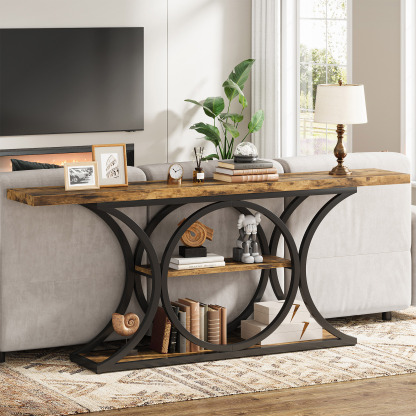 VANOMi 63" Rustic Industrial Console Table with 3-Tier Storage Shelves for Sofa