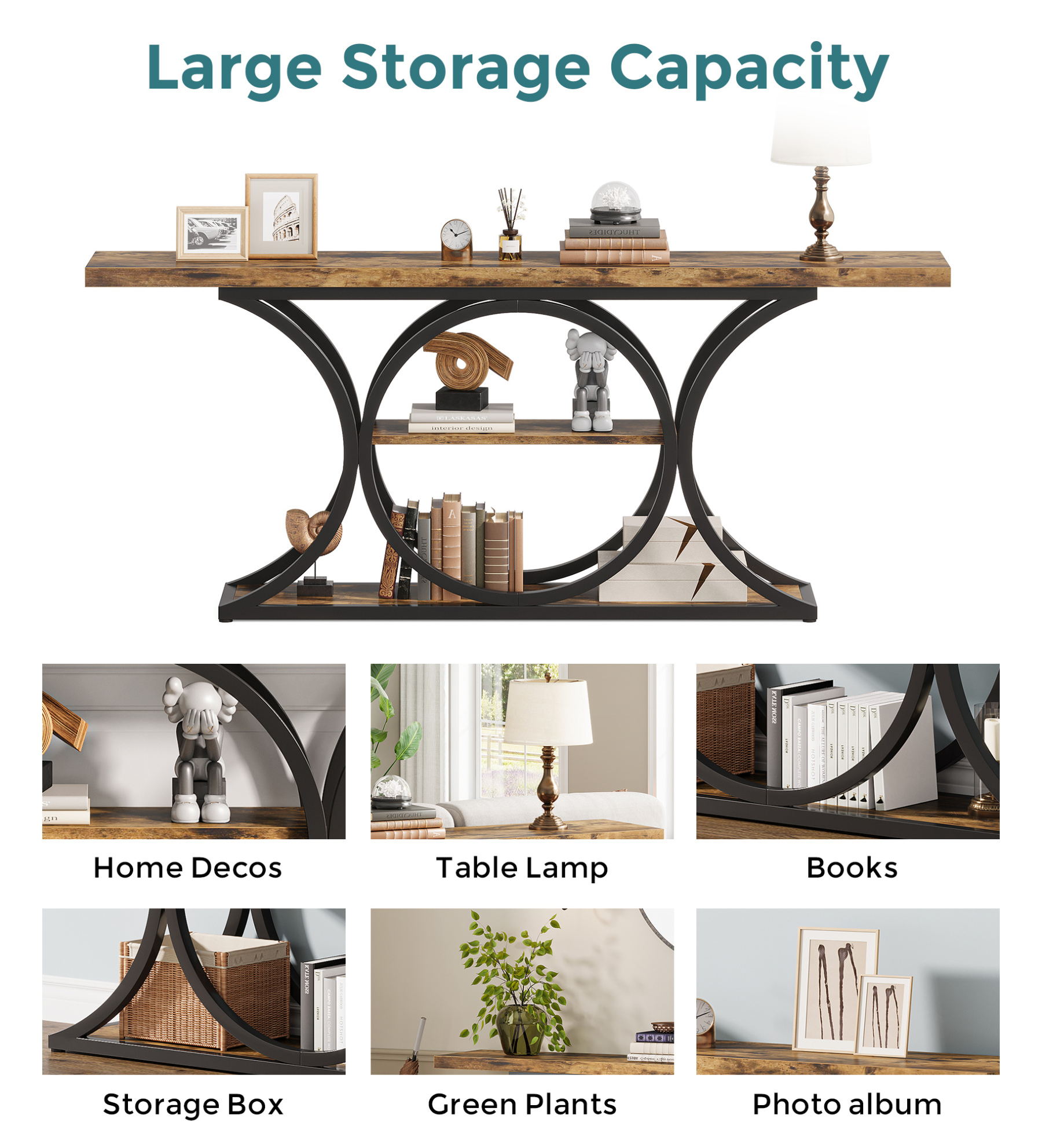 VANOMi 63" Rustic Industrial Console Table with 3-Tier Storage and Display Shelves