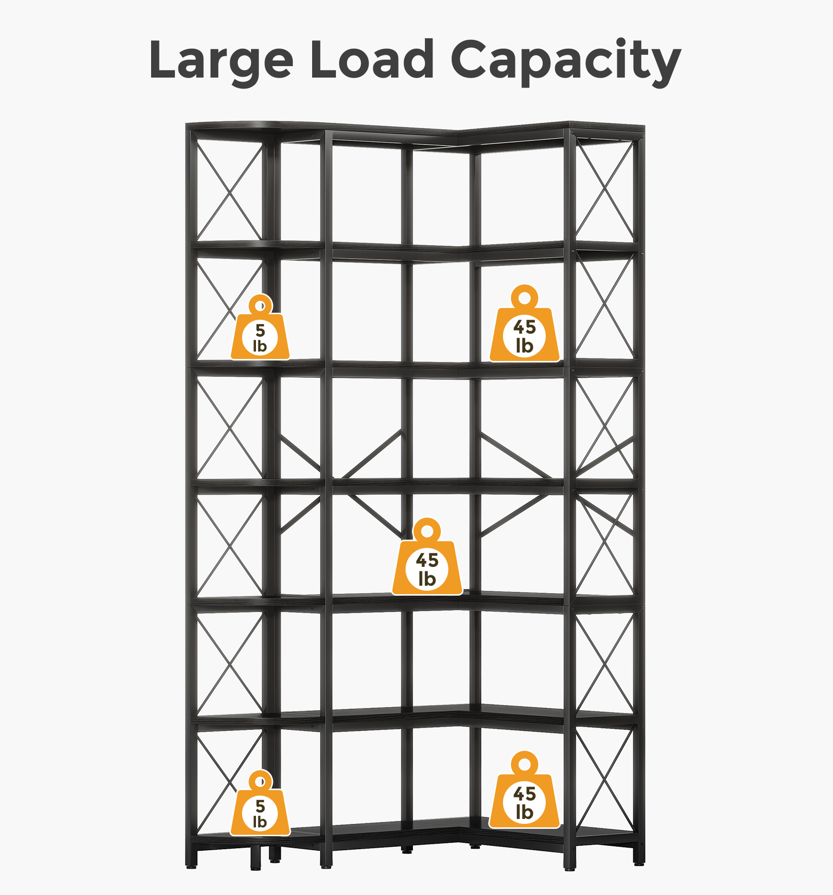 VANOMi 7-Shelf Reversible Corner Bookcase Capacity