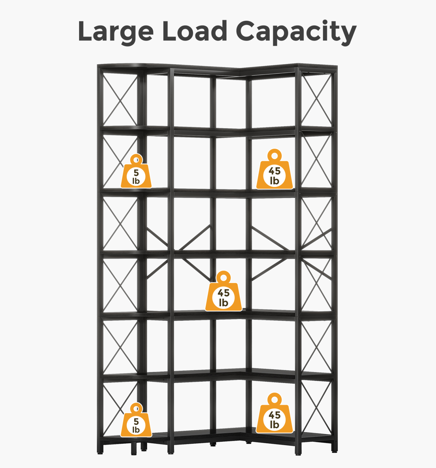 VANOMi 7-Shelf Reversible Corner Bookcase Capacity