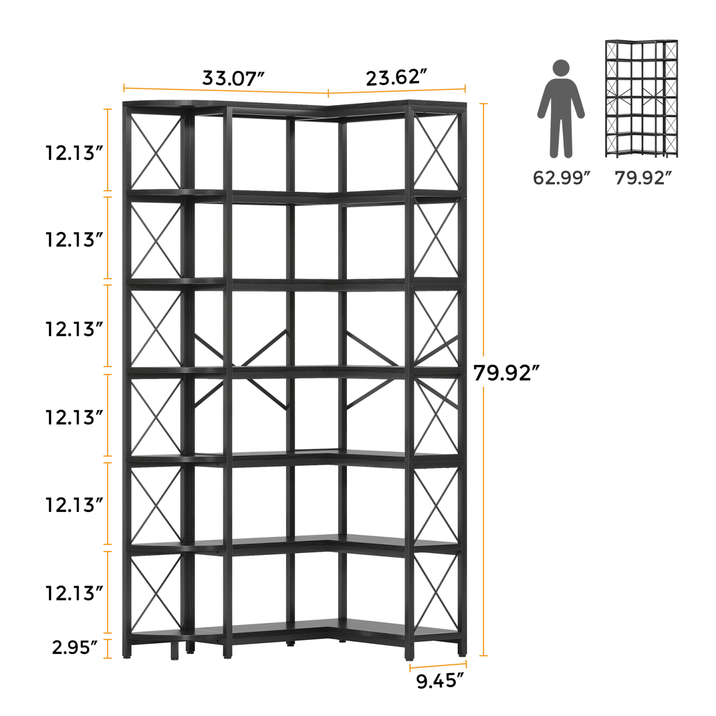 VANOMi 7-Shelf Reversible Corner Bookcase Size