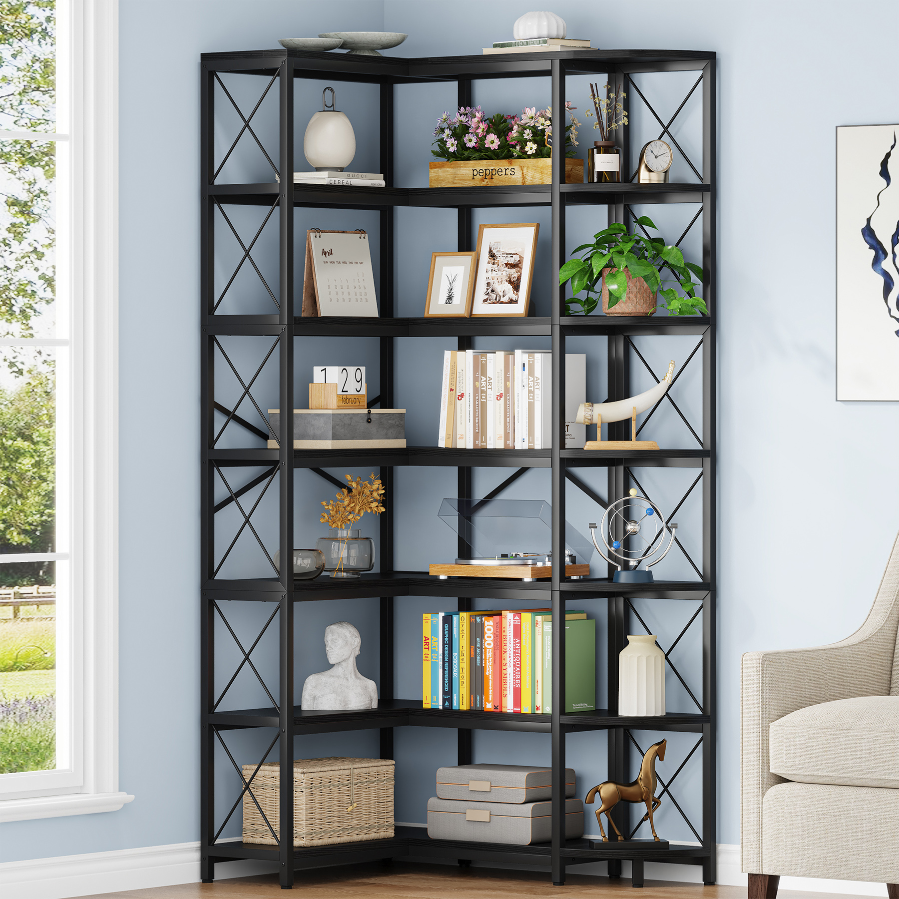 VANOMi 7-Shelf Reversible Corner Bookcase Black
